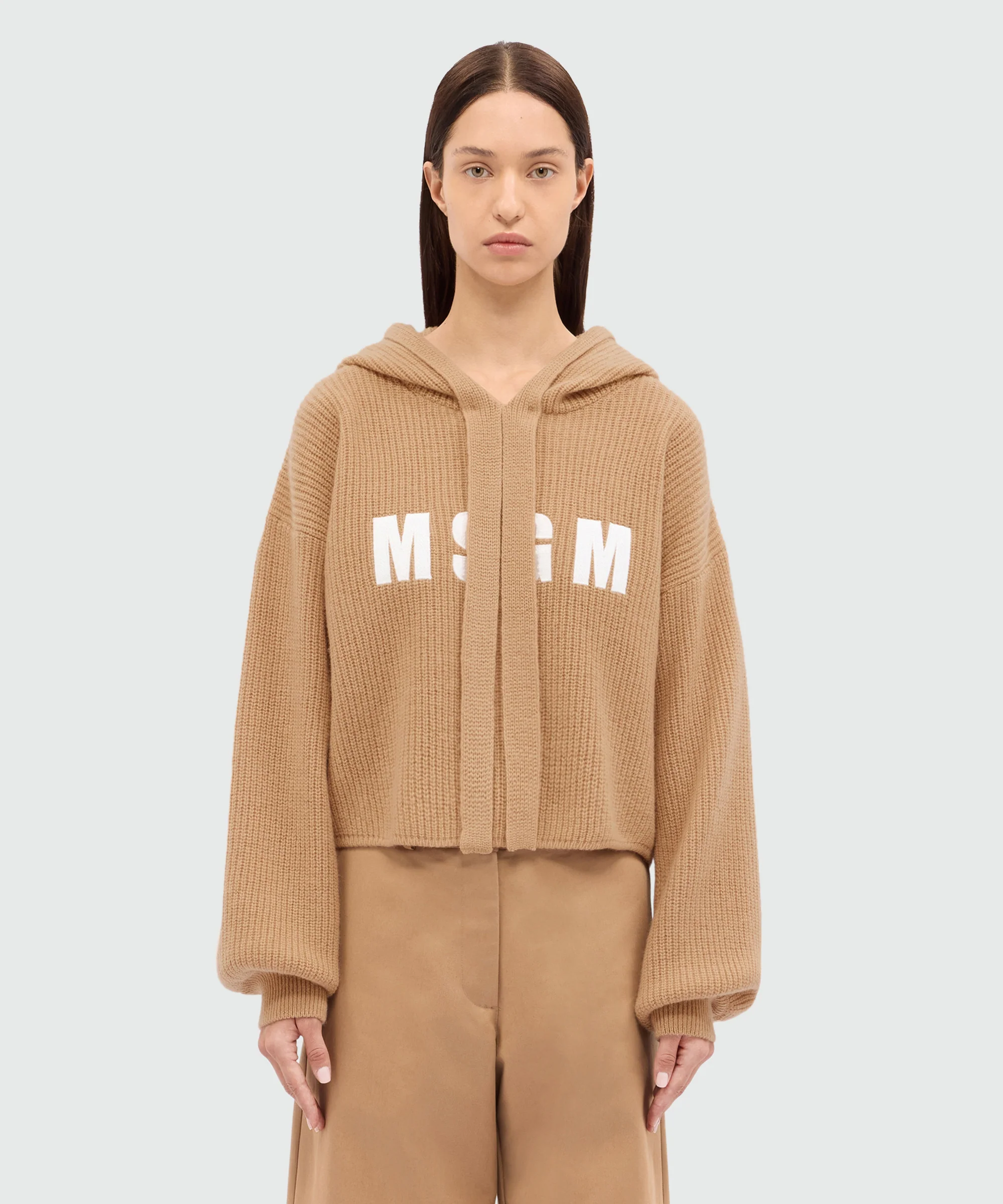 Beige cashmere blend hooded sweater with MSGM logo - Image 2