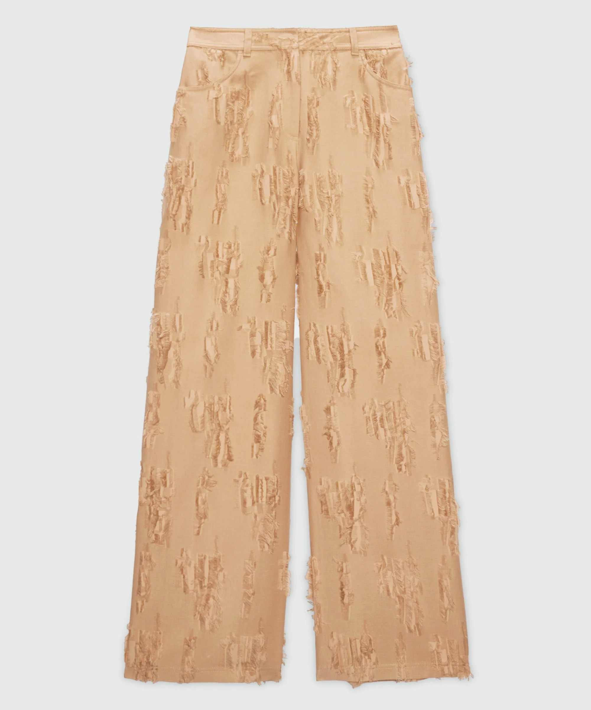 Beige wide-leg frayed fil coupe trousers.