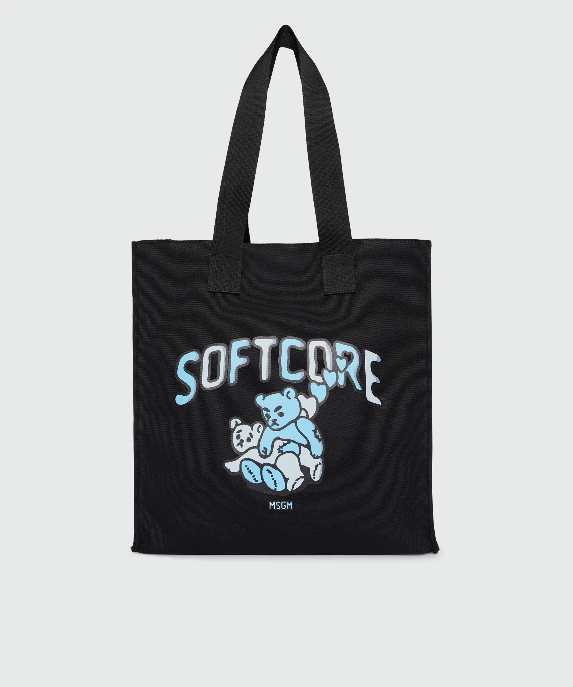 Black canvas tote with "Softcore" print