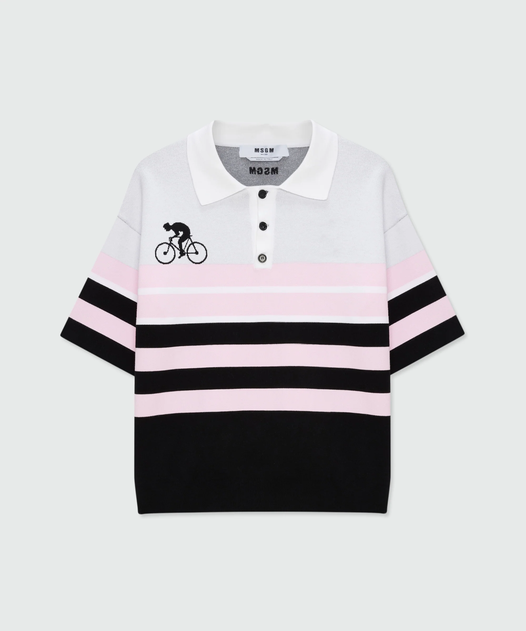 Black cotton knit polo shirt with jacquard detailing