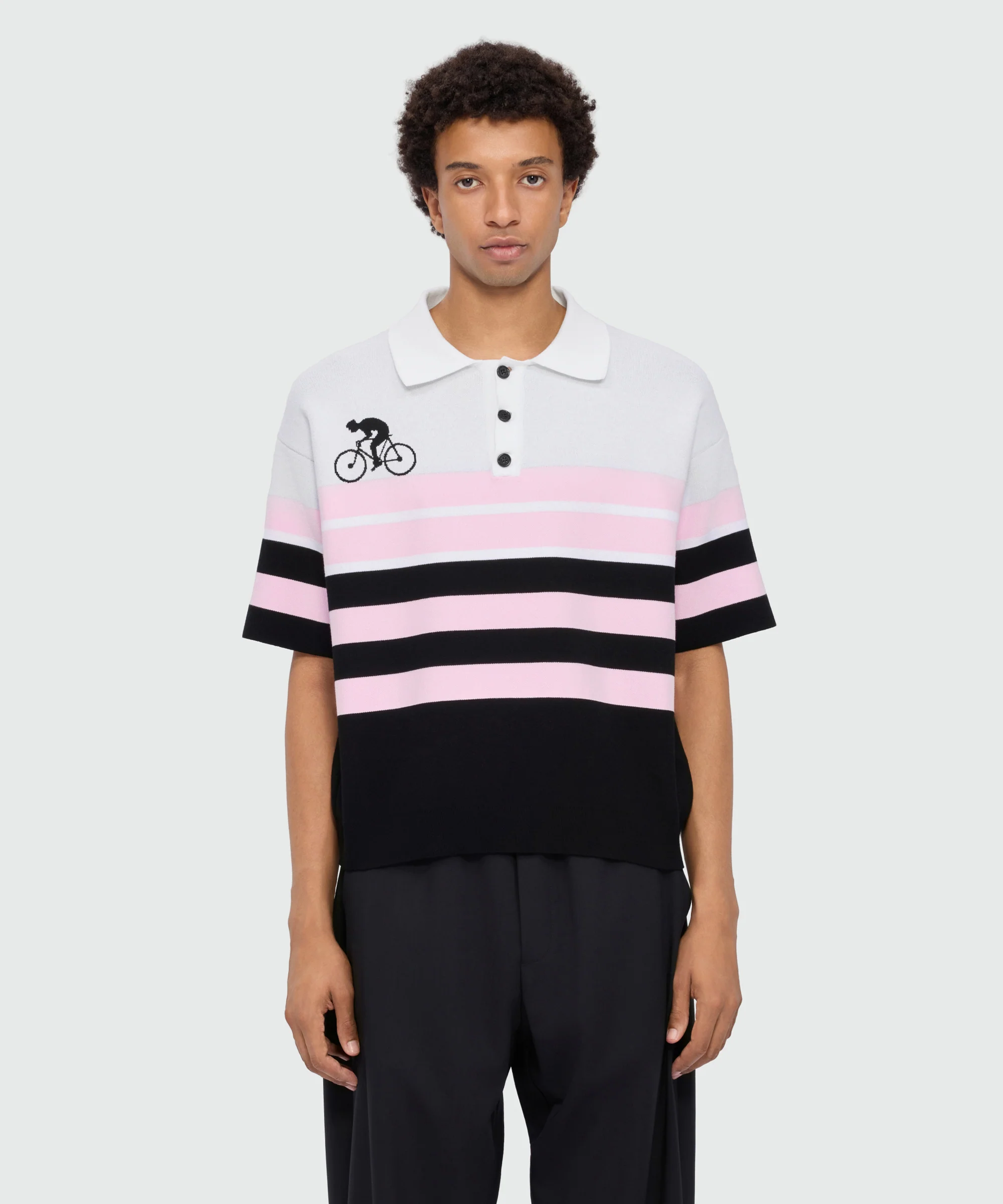 Black cotton knit polo shirt with jacquard detailing - Image 2