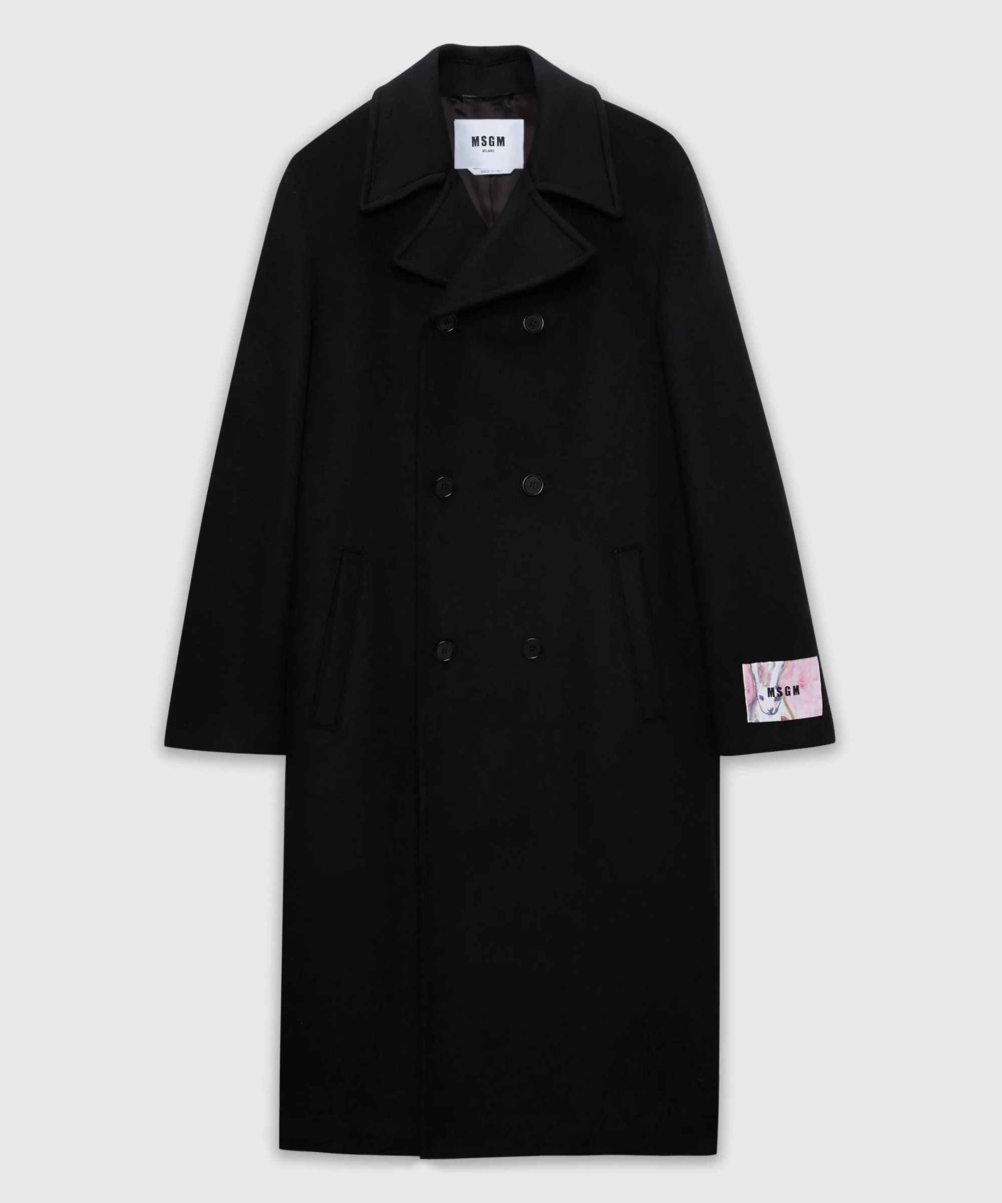 Black double-breasted wool coat