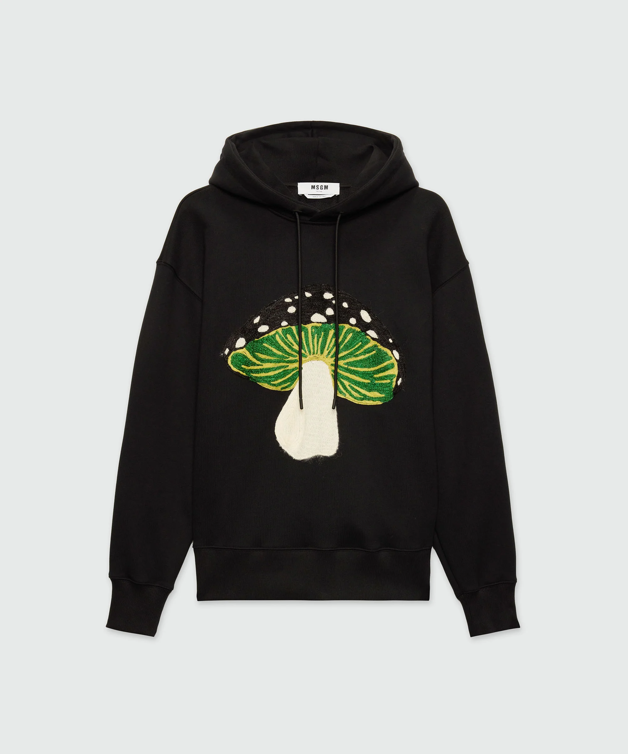 Black jersey hoodie with "I Love Mushrooms" patch and quote