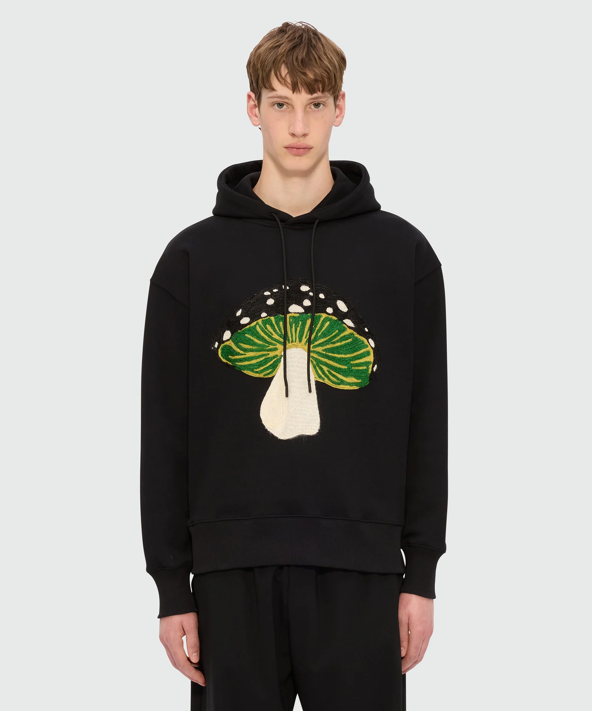 Black jersey hoodie with "I Love Mushrooms" patch and quote - Image 2