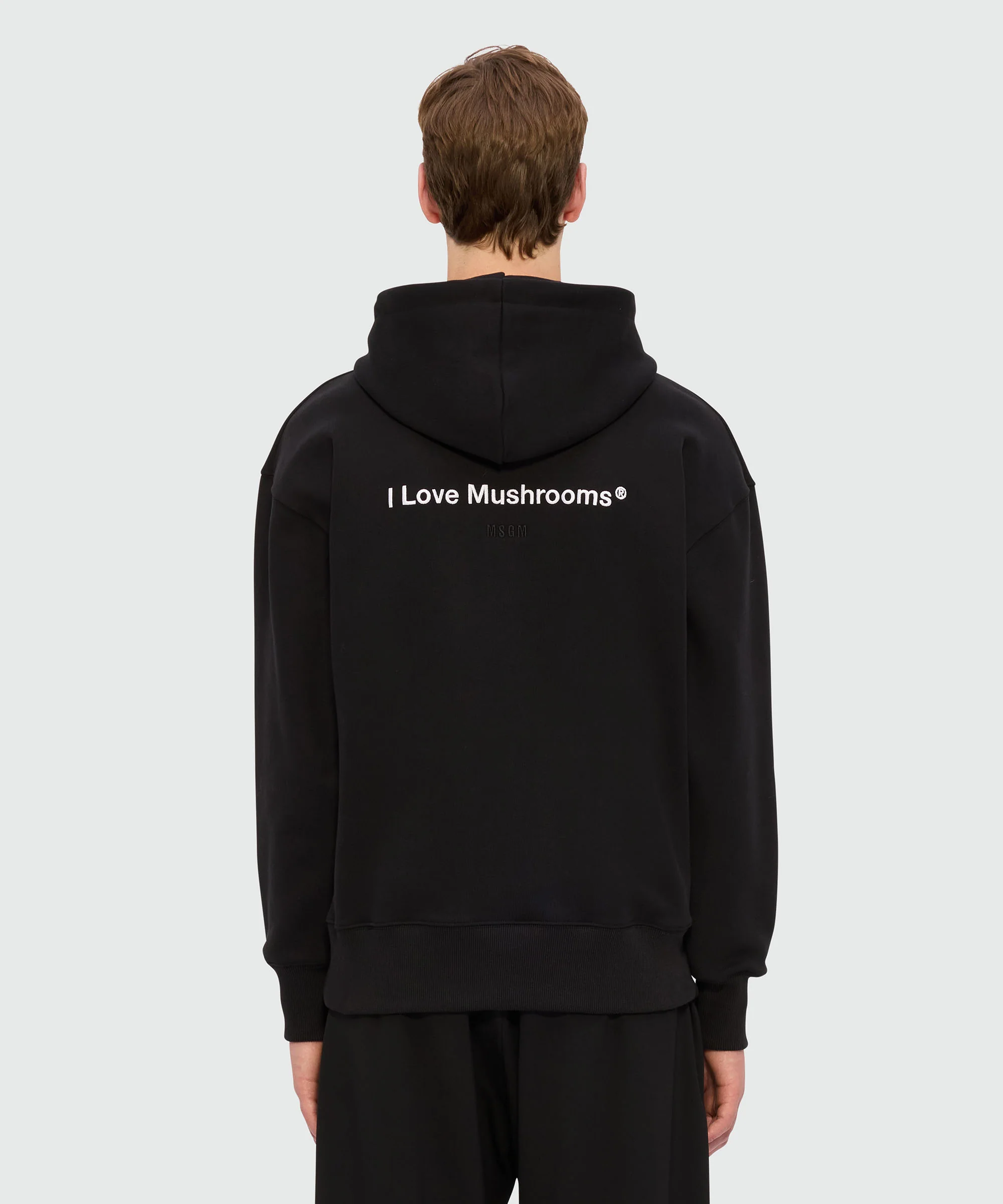 Black jersey hoodie with "I Love Mushrooms" patch and quote - Image 3