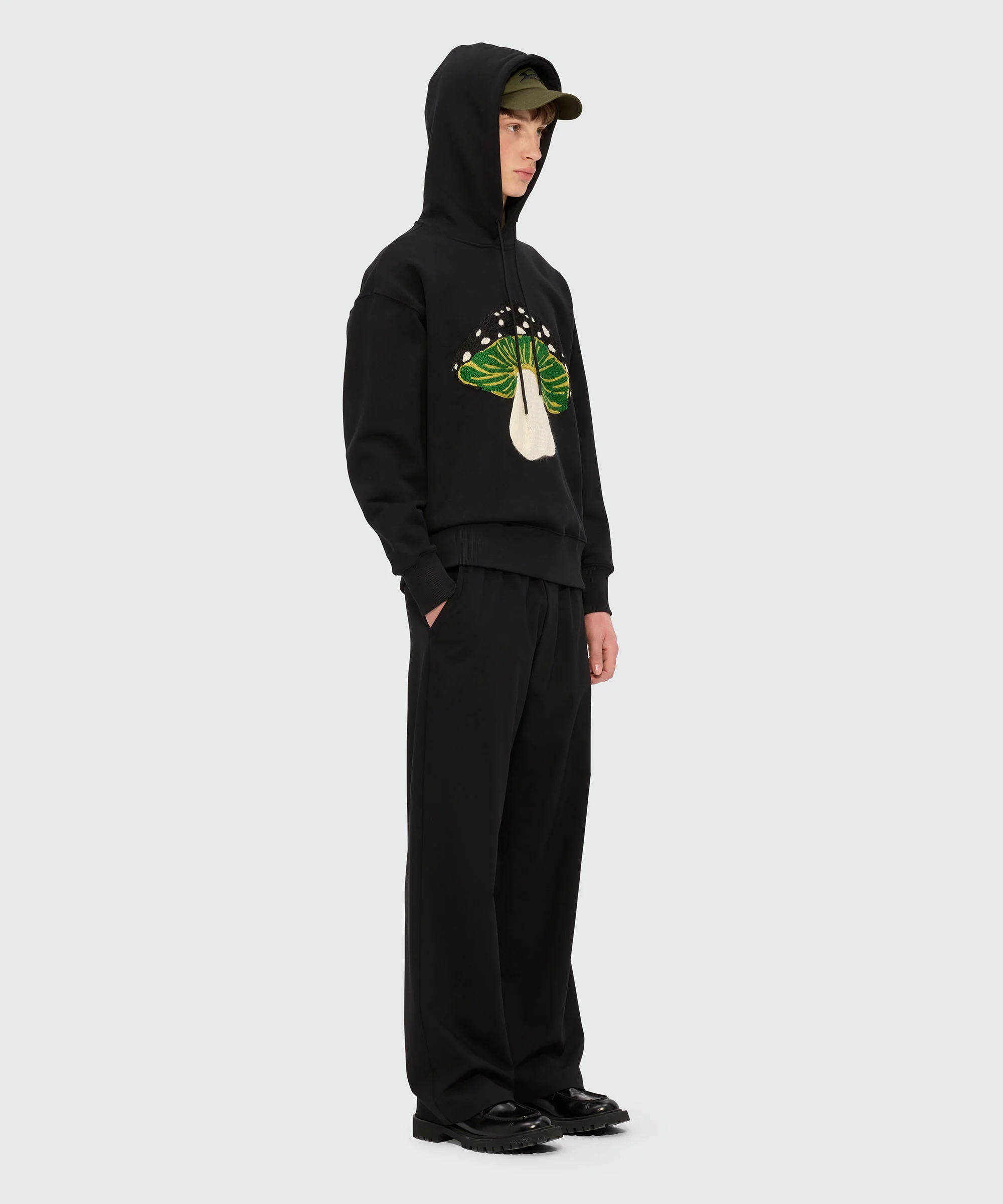 Black jersey hoodie with "I Love Mushrooms" patch and quote - Image 4