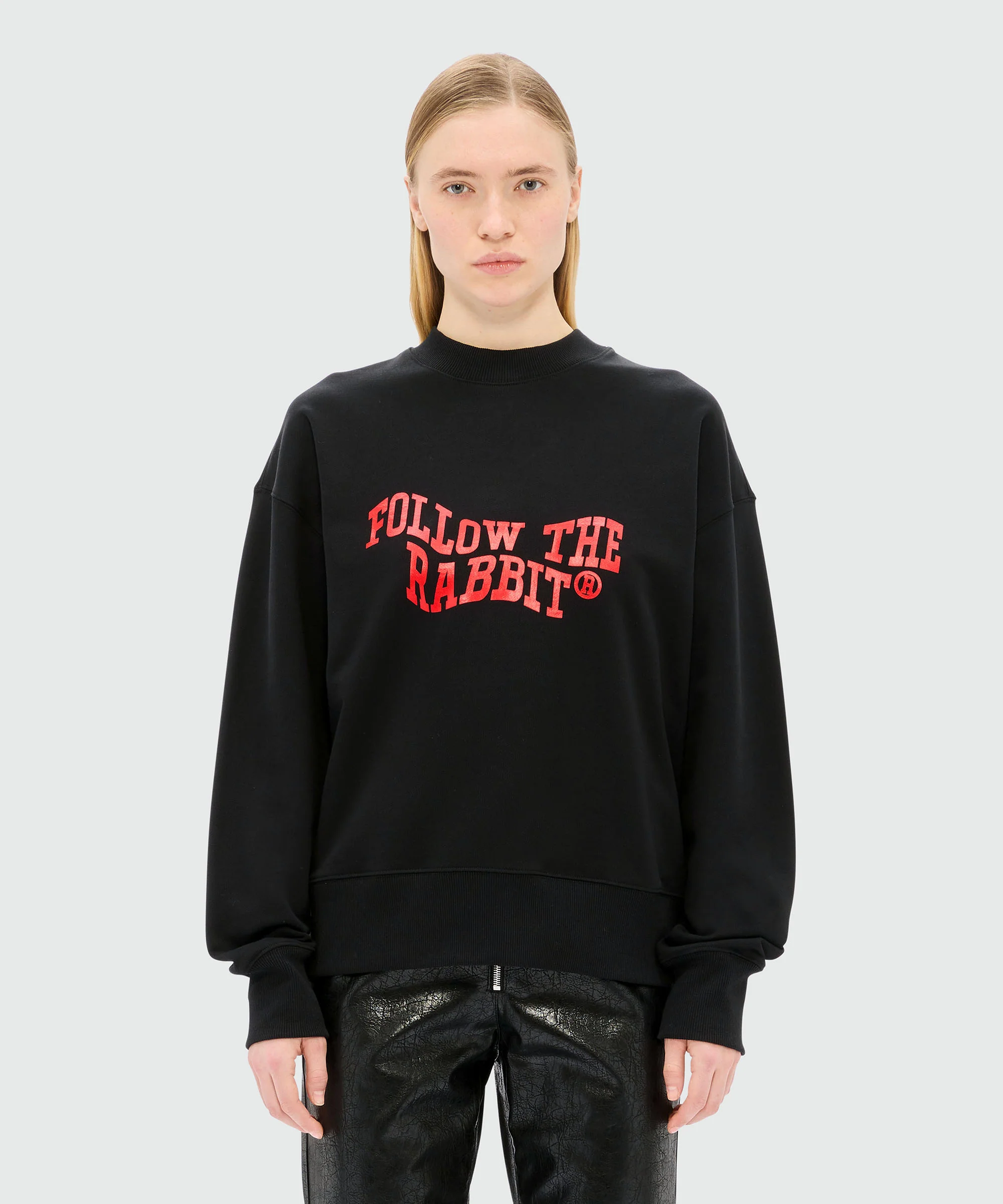 Black jersey sweatshirt with "Follow the Rabbit®" quote - Image 2