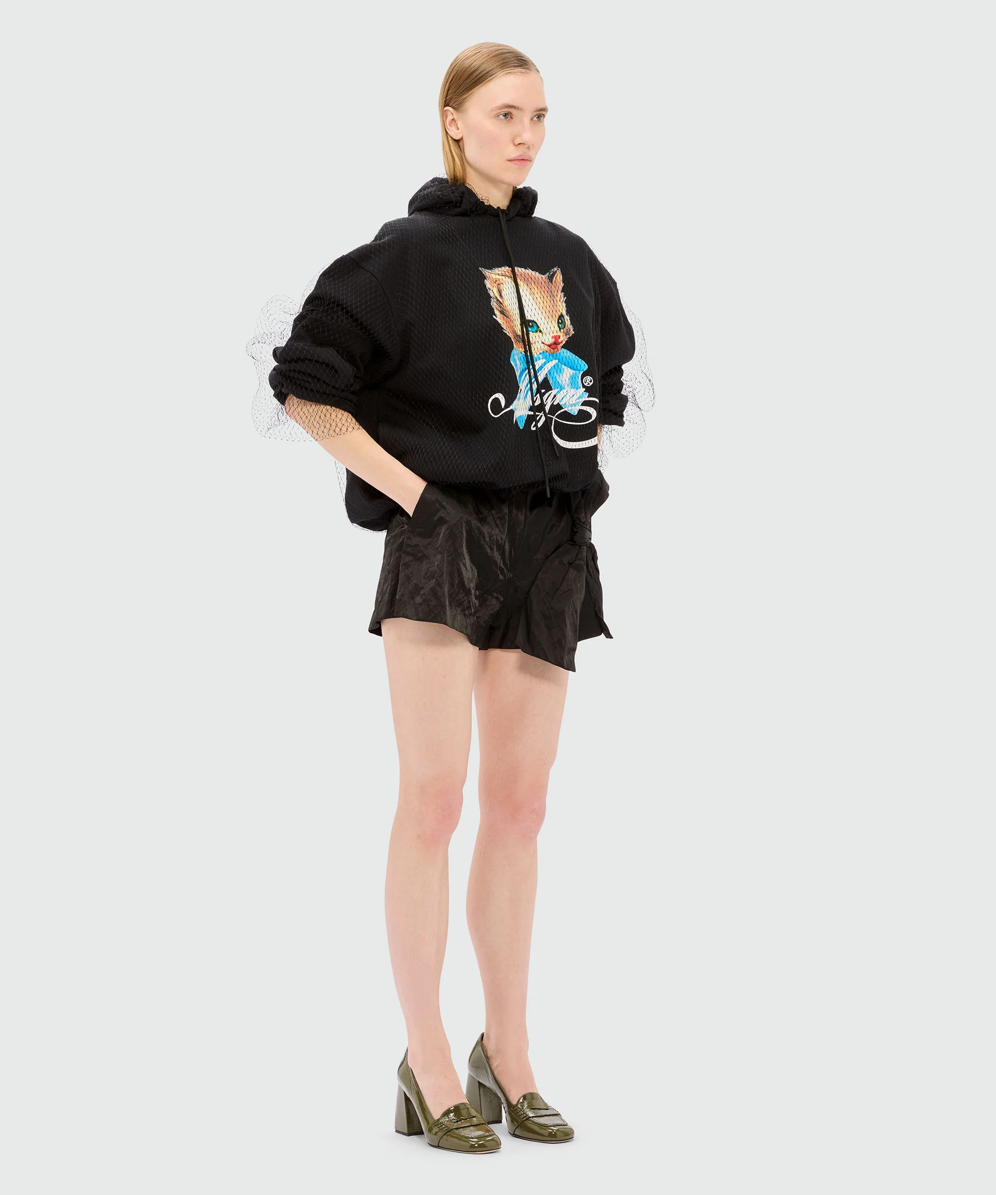 Black jersey sweatshirt with tulle and "Cute Kitty" print - Image 4
