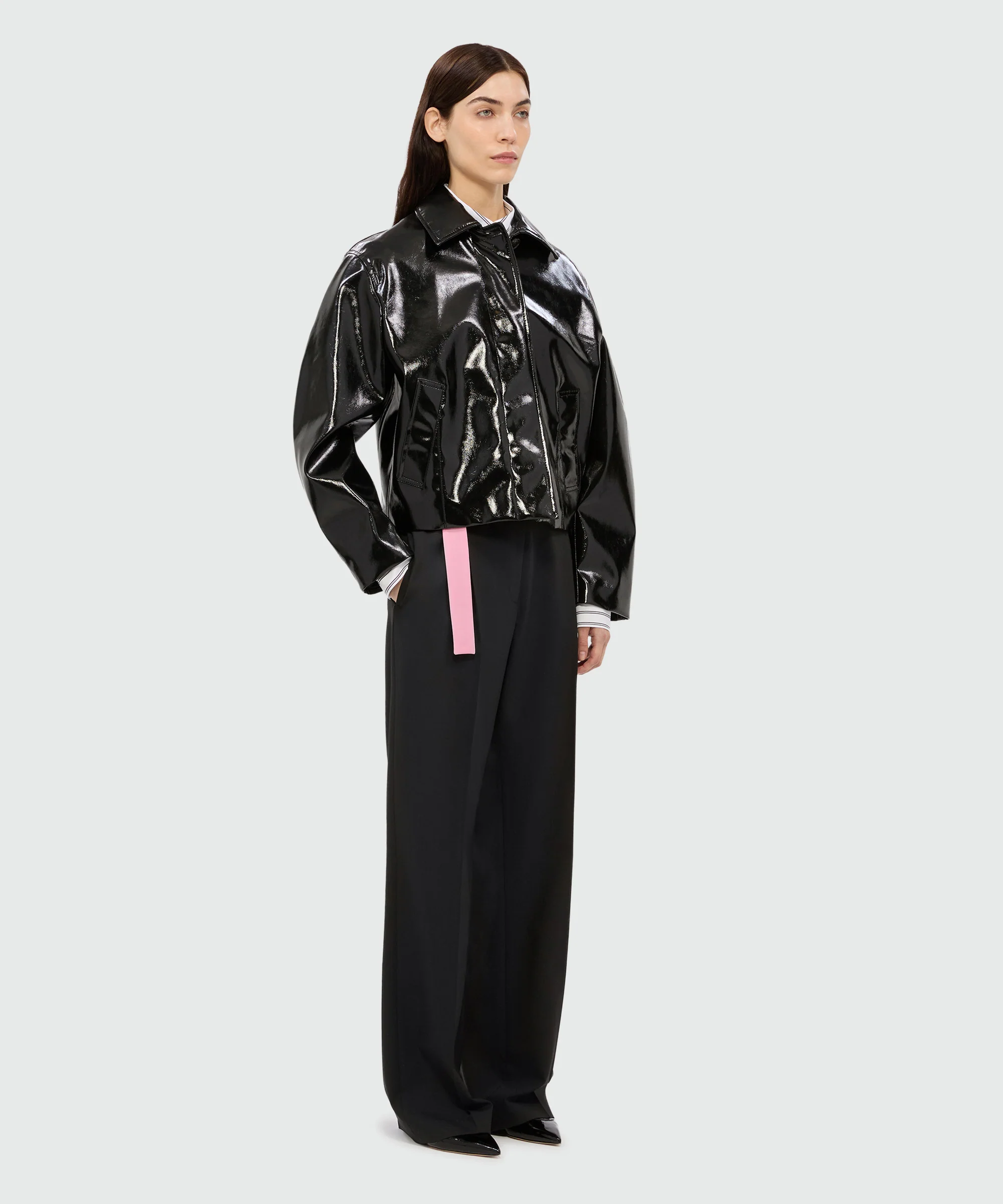 Black palazzo trousers in cool wool with a two-tone belt - Image 4
