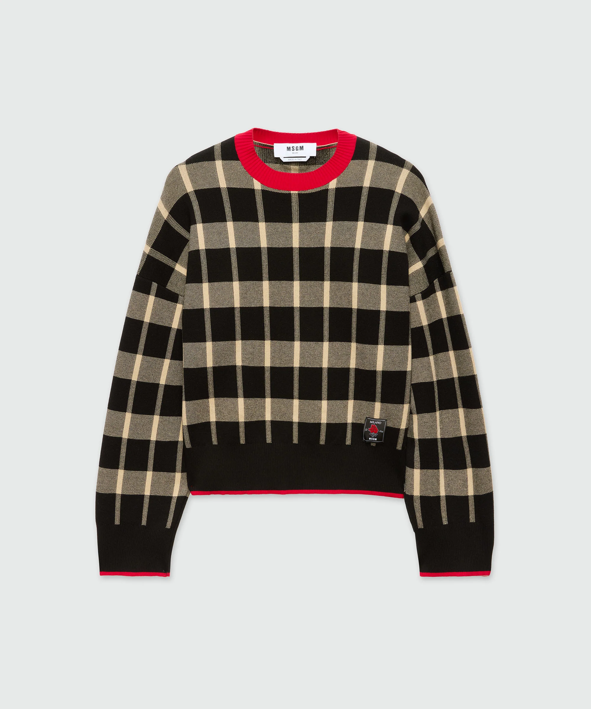 Black pique sweater with check pattern