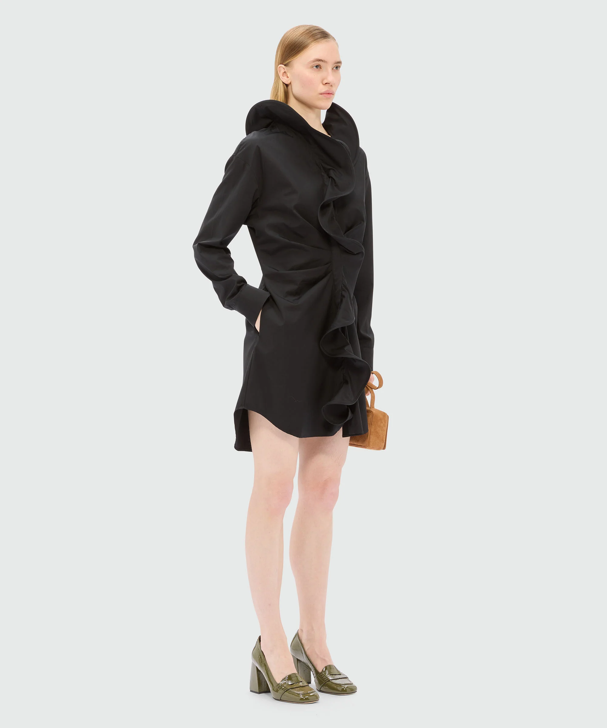 Black poplin shirt dress with ruffles - Image 4