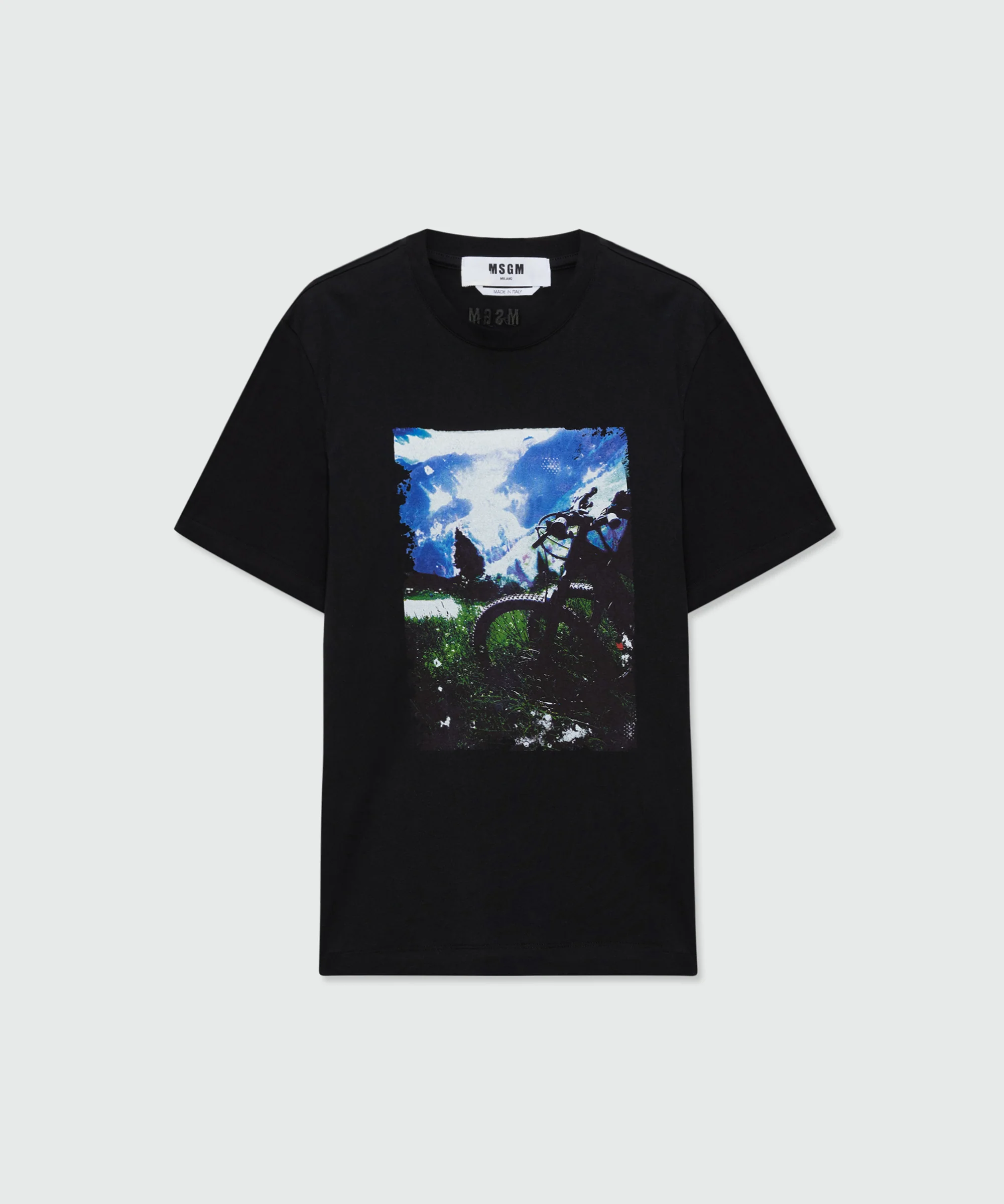 Black short-sleeve cotton jersey crew-neck T-shirt with front print