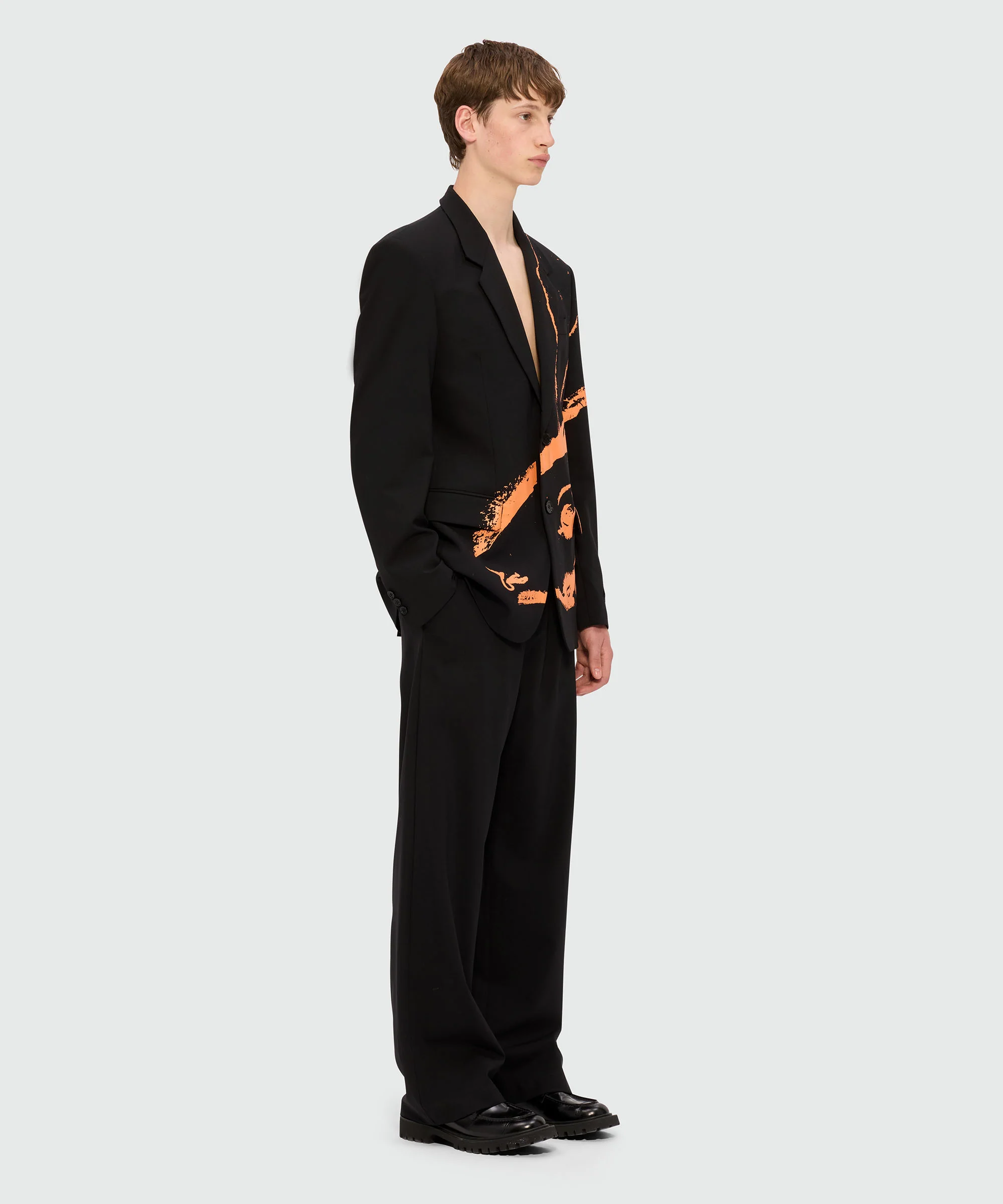 Black single-breasted jacket in cool wool with "Sketched Bunnies" print - Image 4