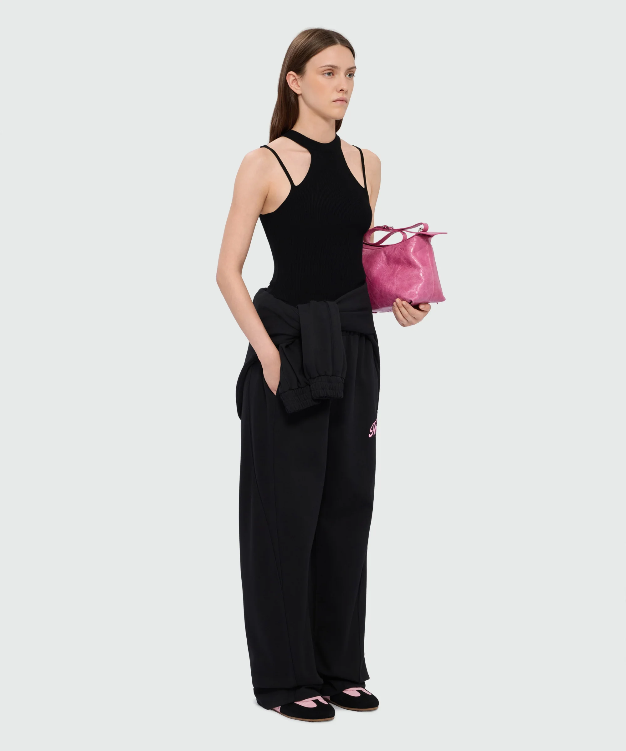 Black techno-viscose halter-neck top with strap detail - Image 4