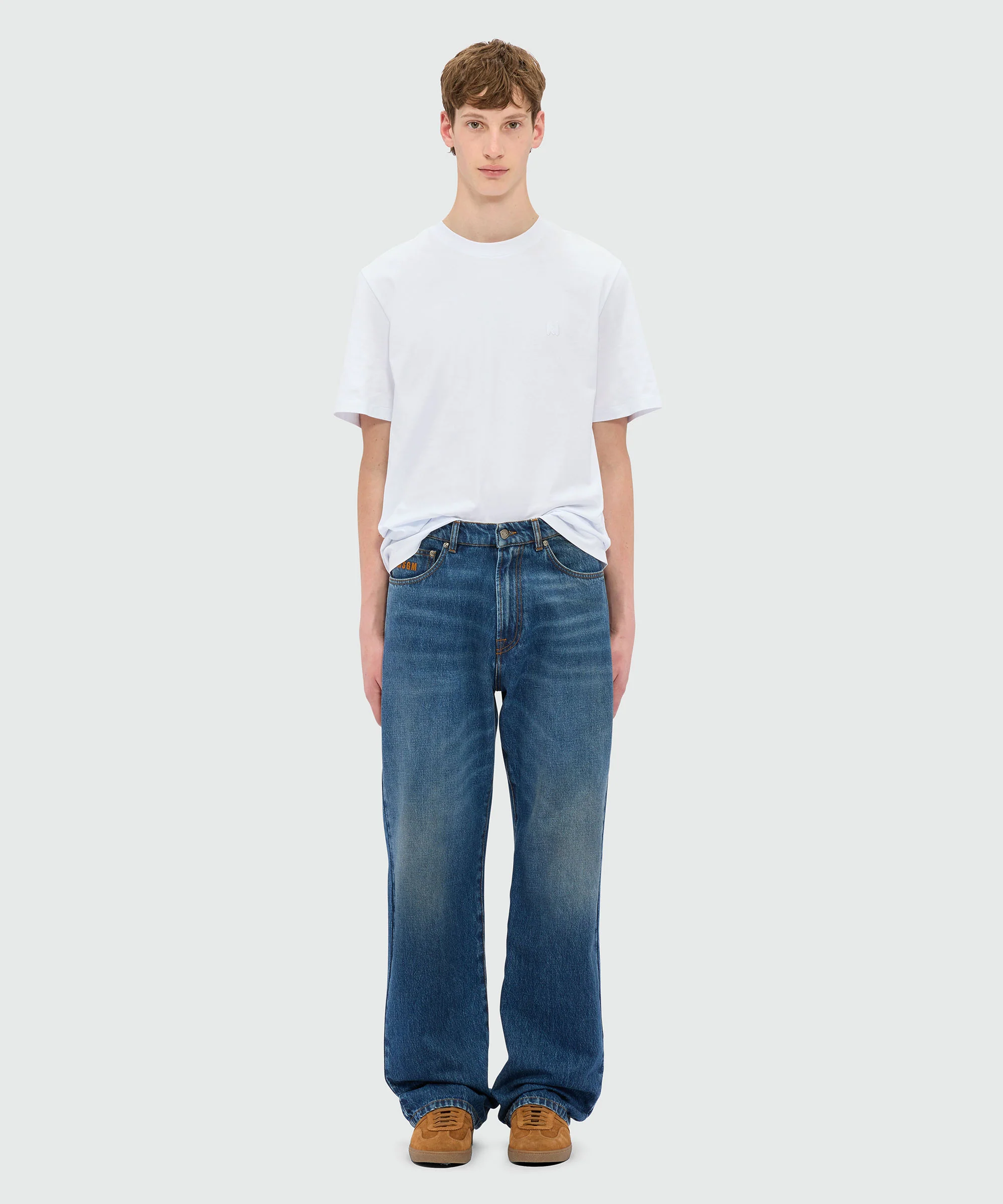 Blue faded denim trousers with embroidered logo - Image 2