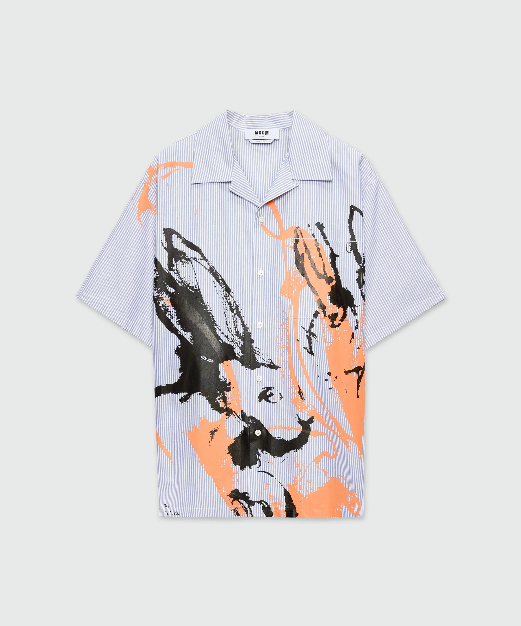 Blue Oxford striped bowling shirt with "Sketched Bunnies" print