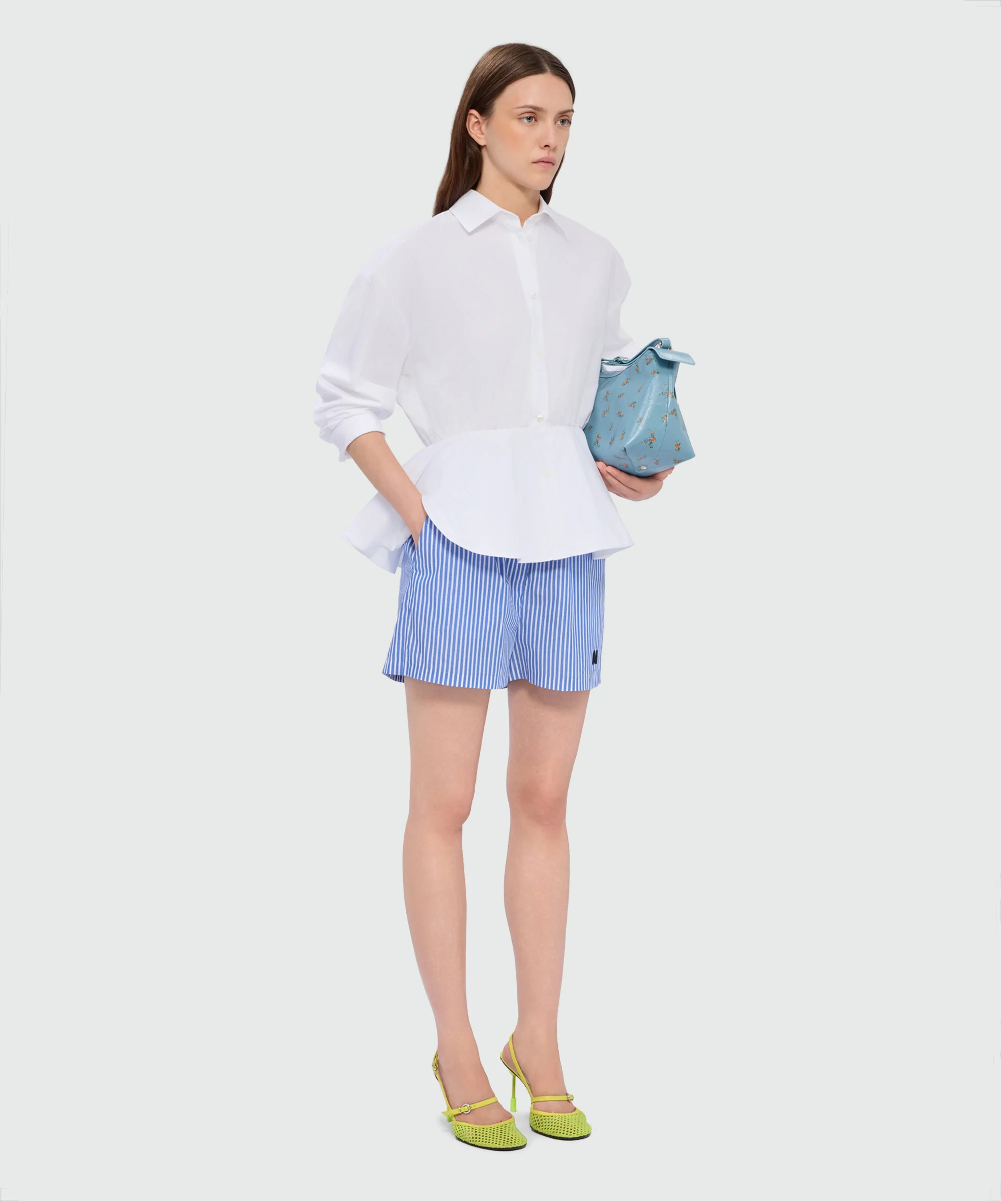 Blue striped poplin Bermuda shorts with embroidered hem - Image 4