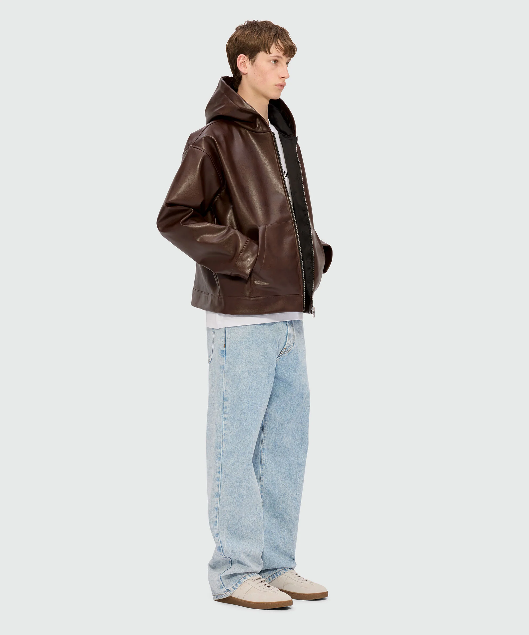 Brown textured faux leather hooded jacket - Image 4
