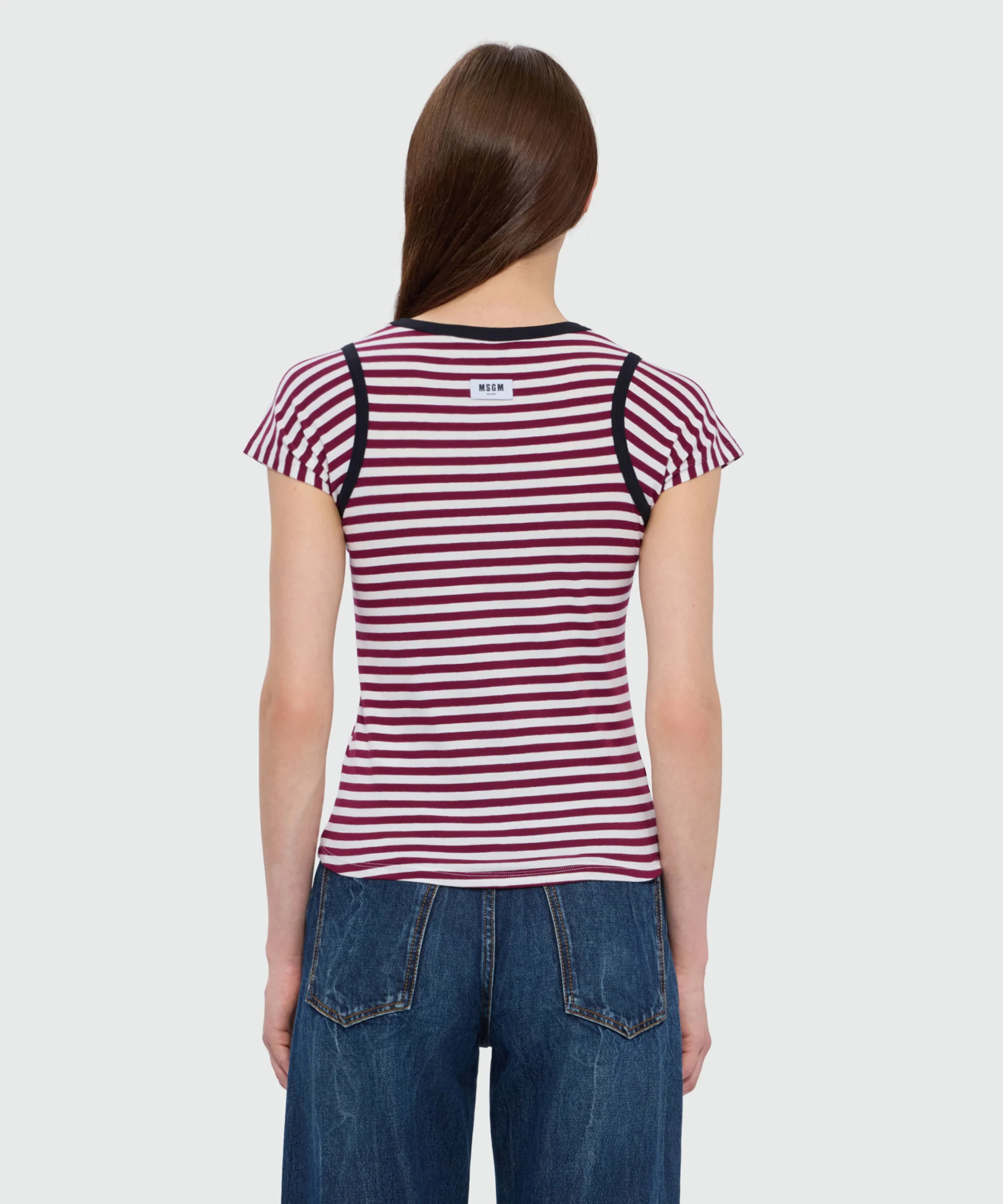 Burgundy striped short-sleeve cotton jersey T-shirt with contrast trims - Image 3