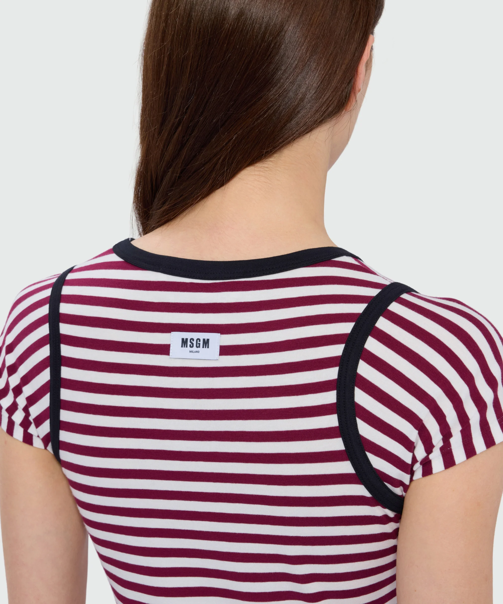 Burgundy striped short-sleeve cotton jersey T-shirt with contrast trims - Image 5