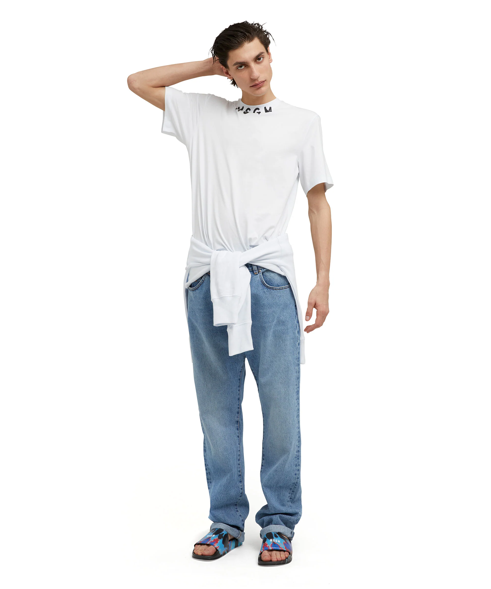 Cotton crewneck t-shirt with brushed MSGM logo at the neckline