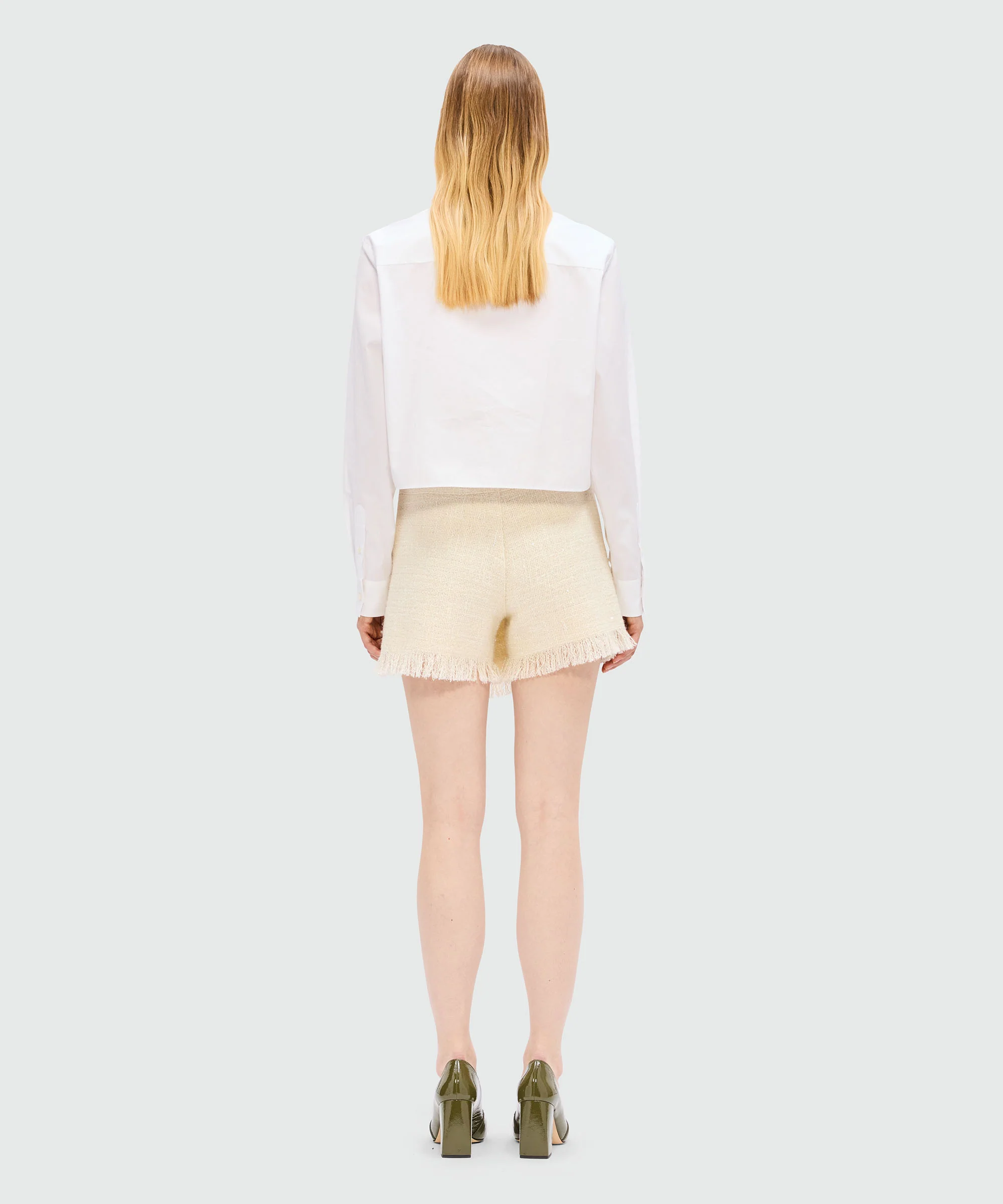 Cream bouclé shorts with micro sequins - Image 3