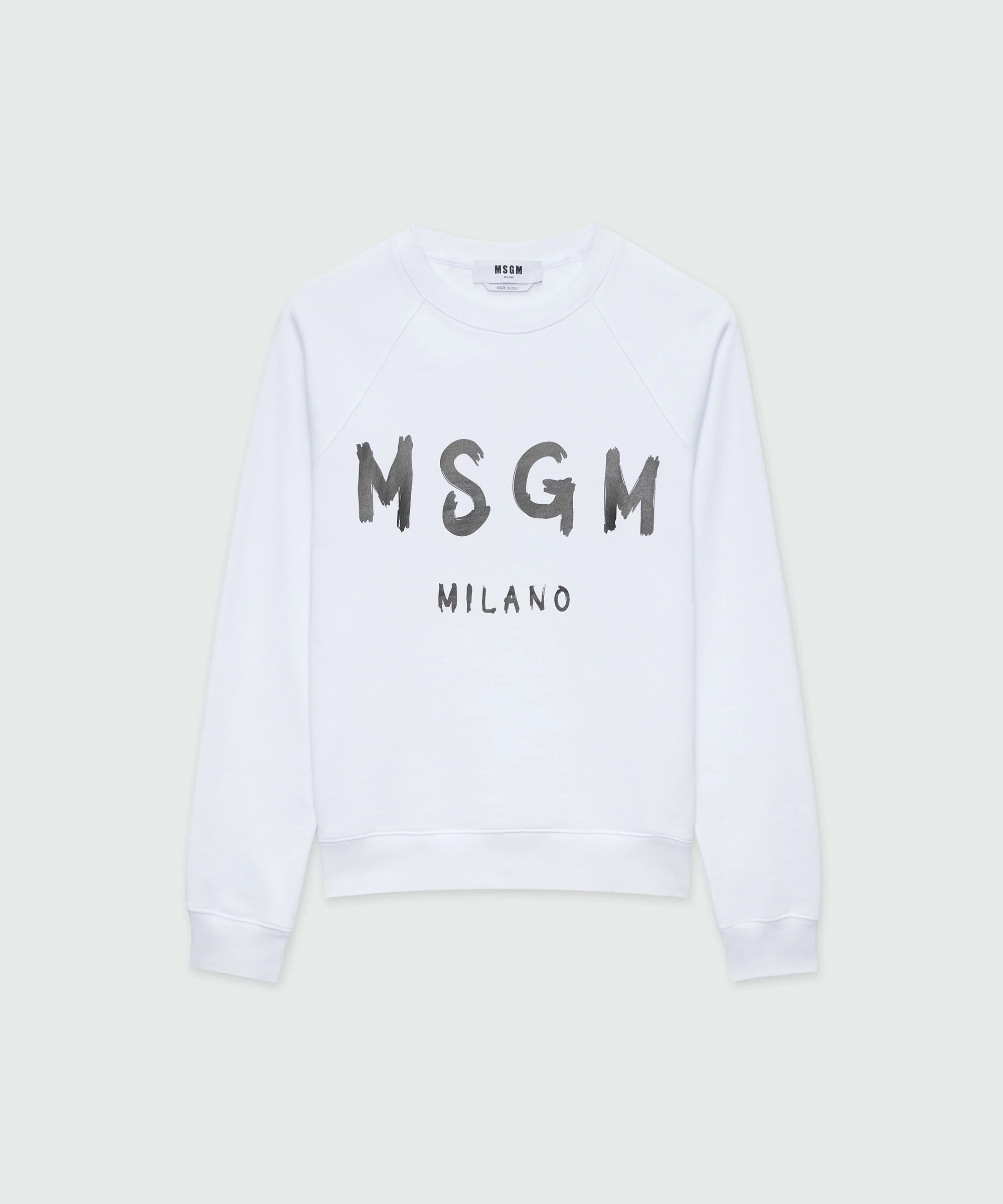 White crew neck sweatshirt with brushstroke logo