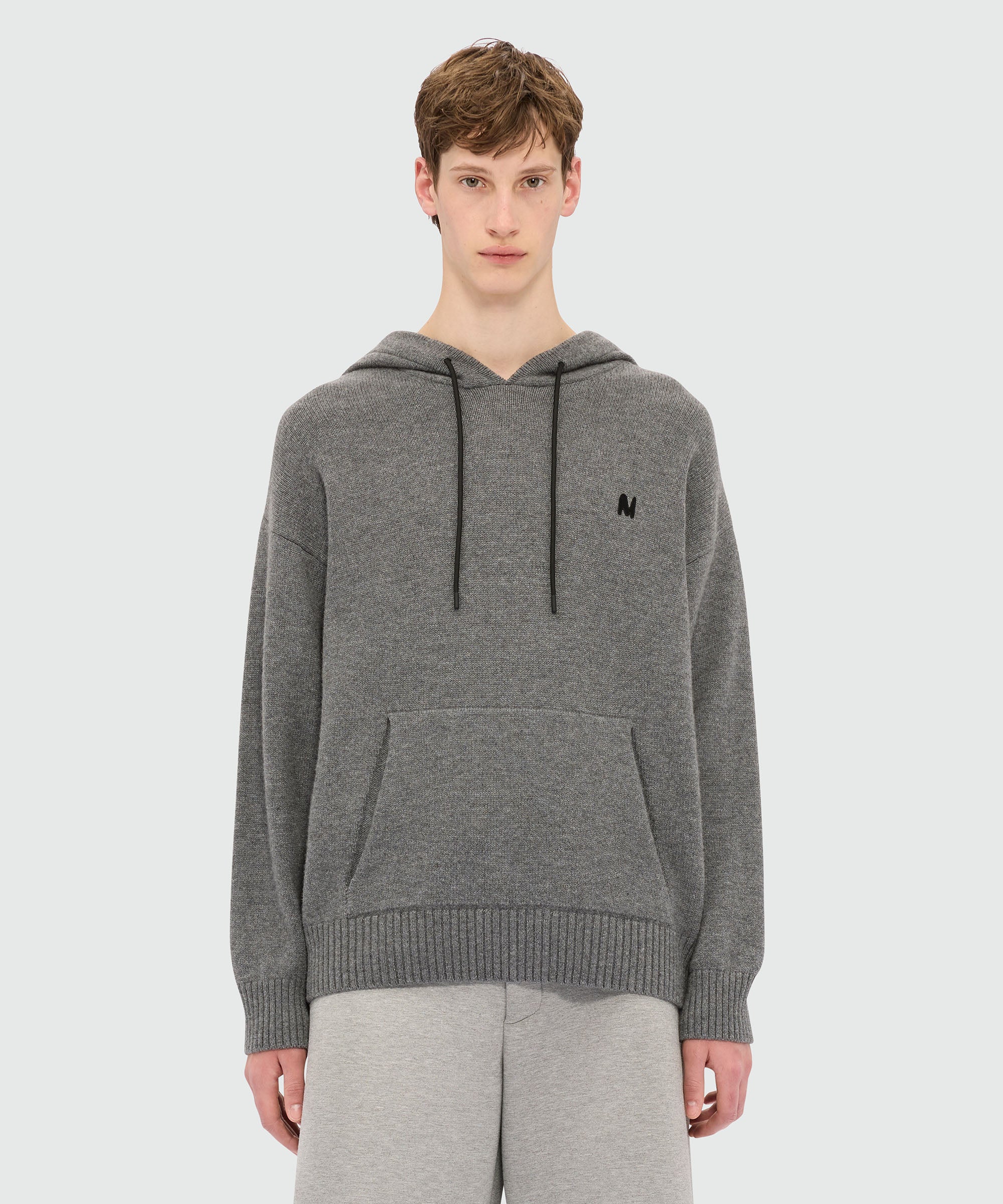 Grey melange cashmere blend knit hoodie with "TheMwave" patch - Image 2
