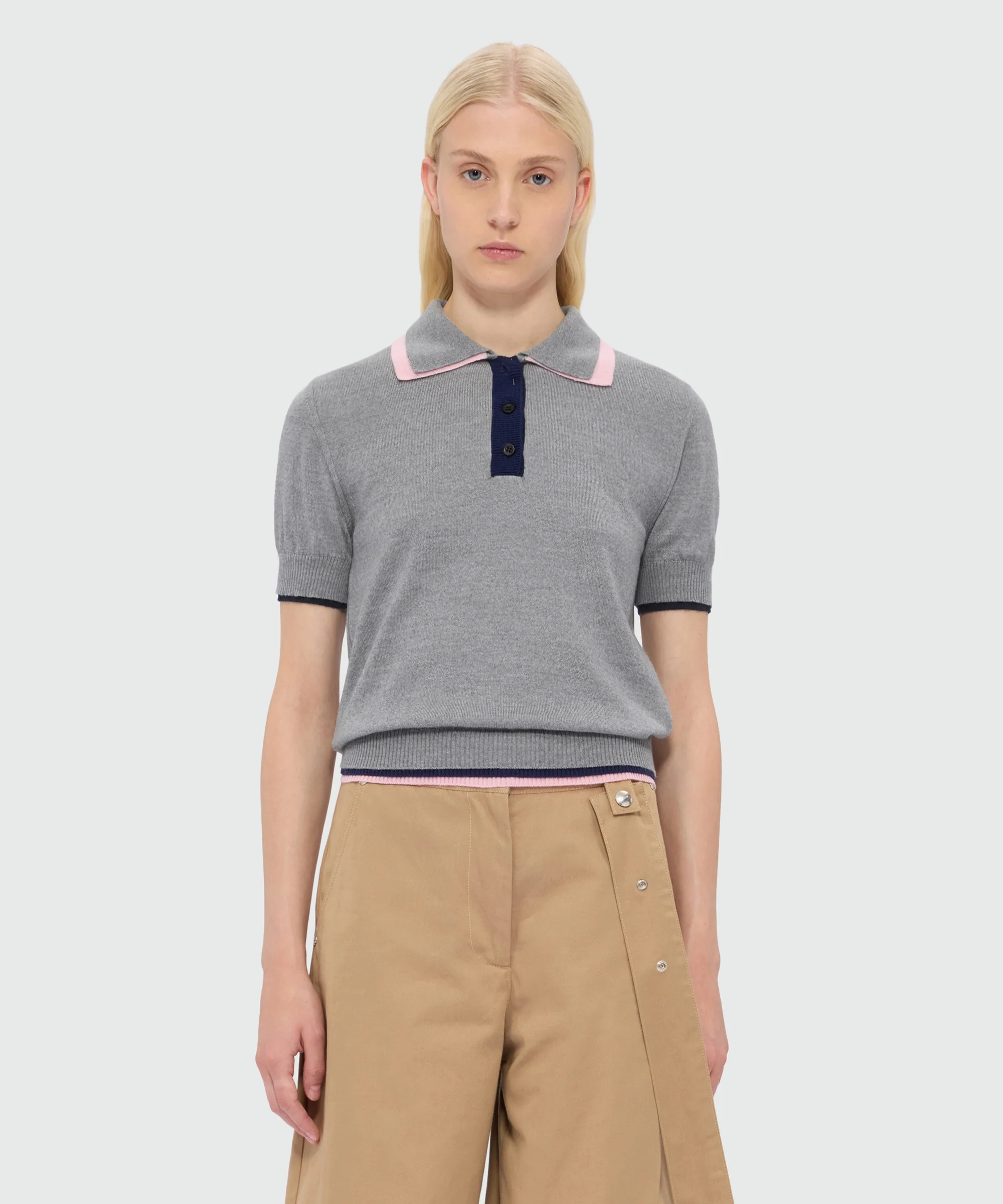 Grey wool polo shirt with double-edge trim - Image 2