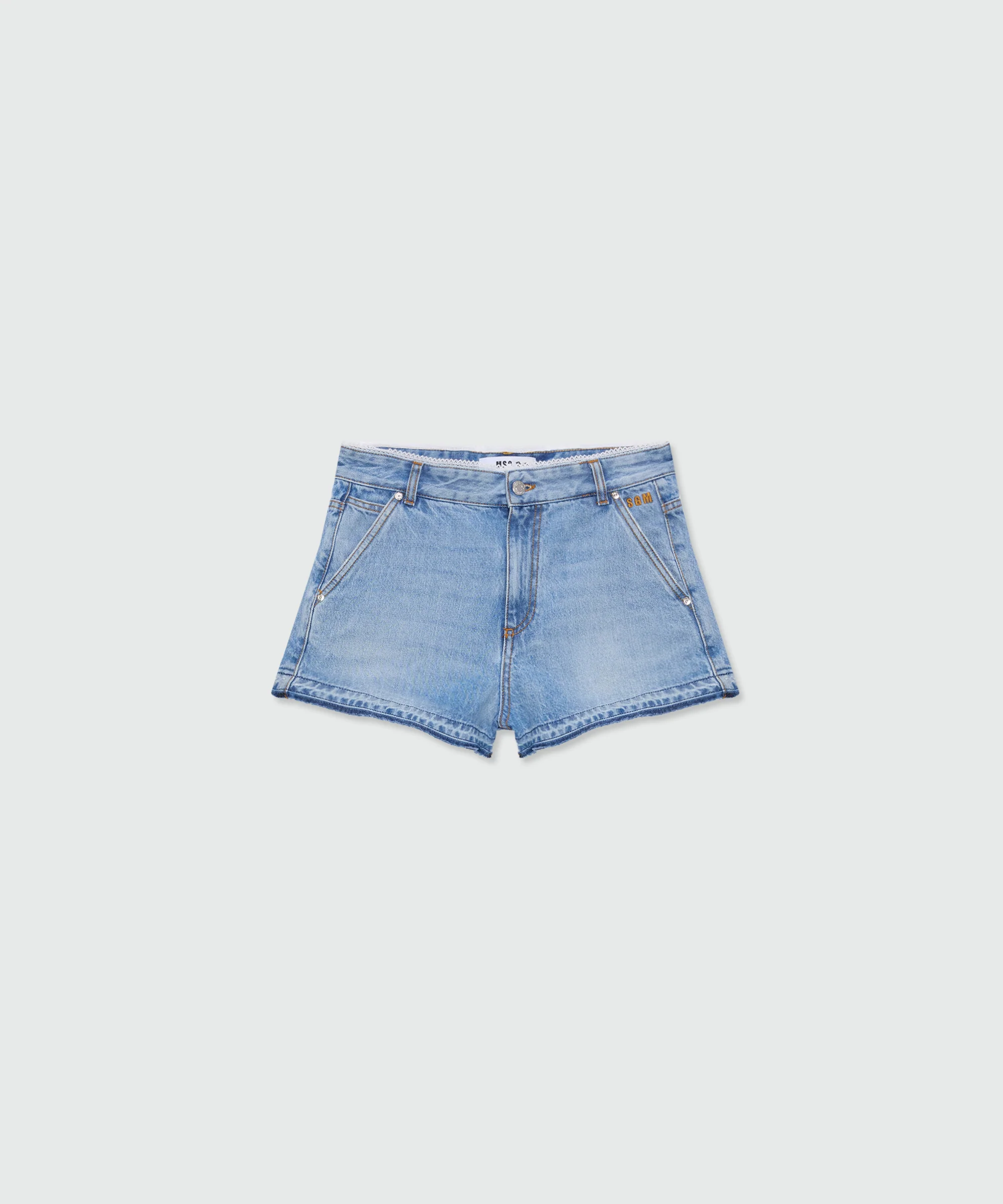 Light blue stone-washed denim shorts with lace detail at the waist