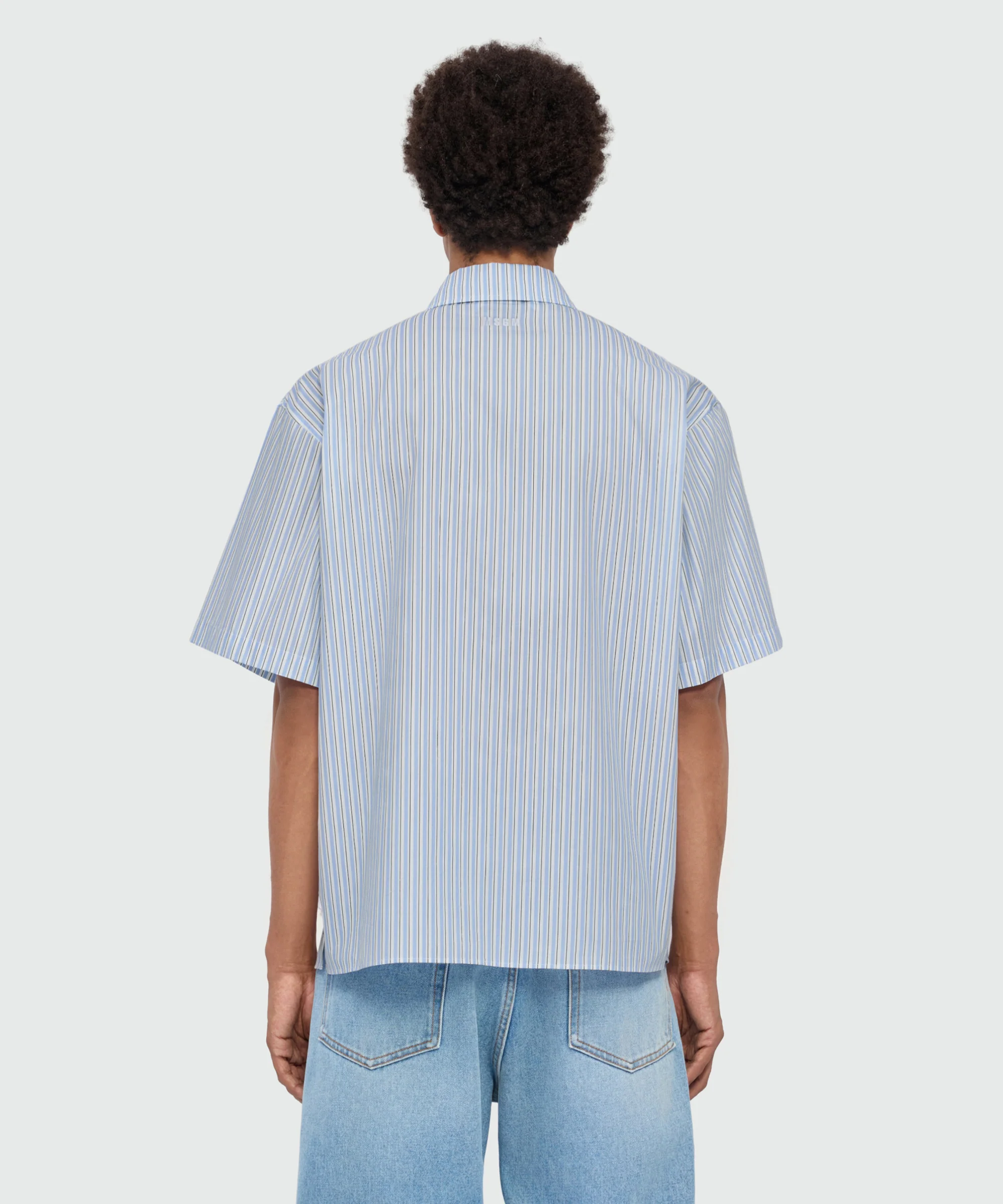 Light blue striped cotton poplin short-sleeve shirt with placed print - Image 3