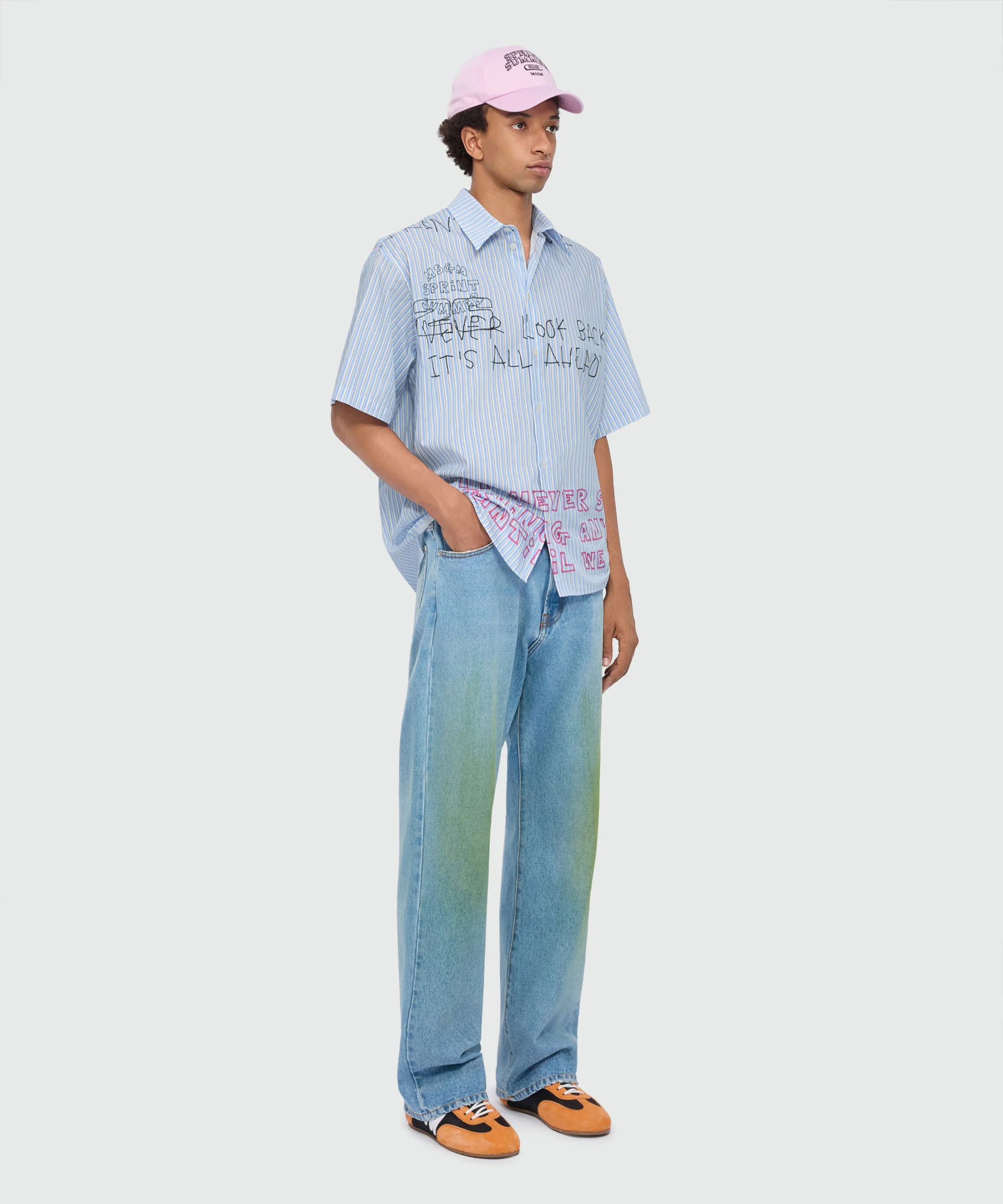 Light blue striped cotton poplin short-sleeve shirt with placed print - Image 4