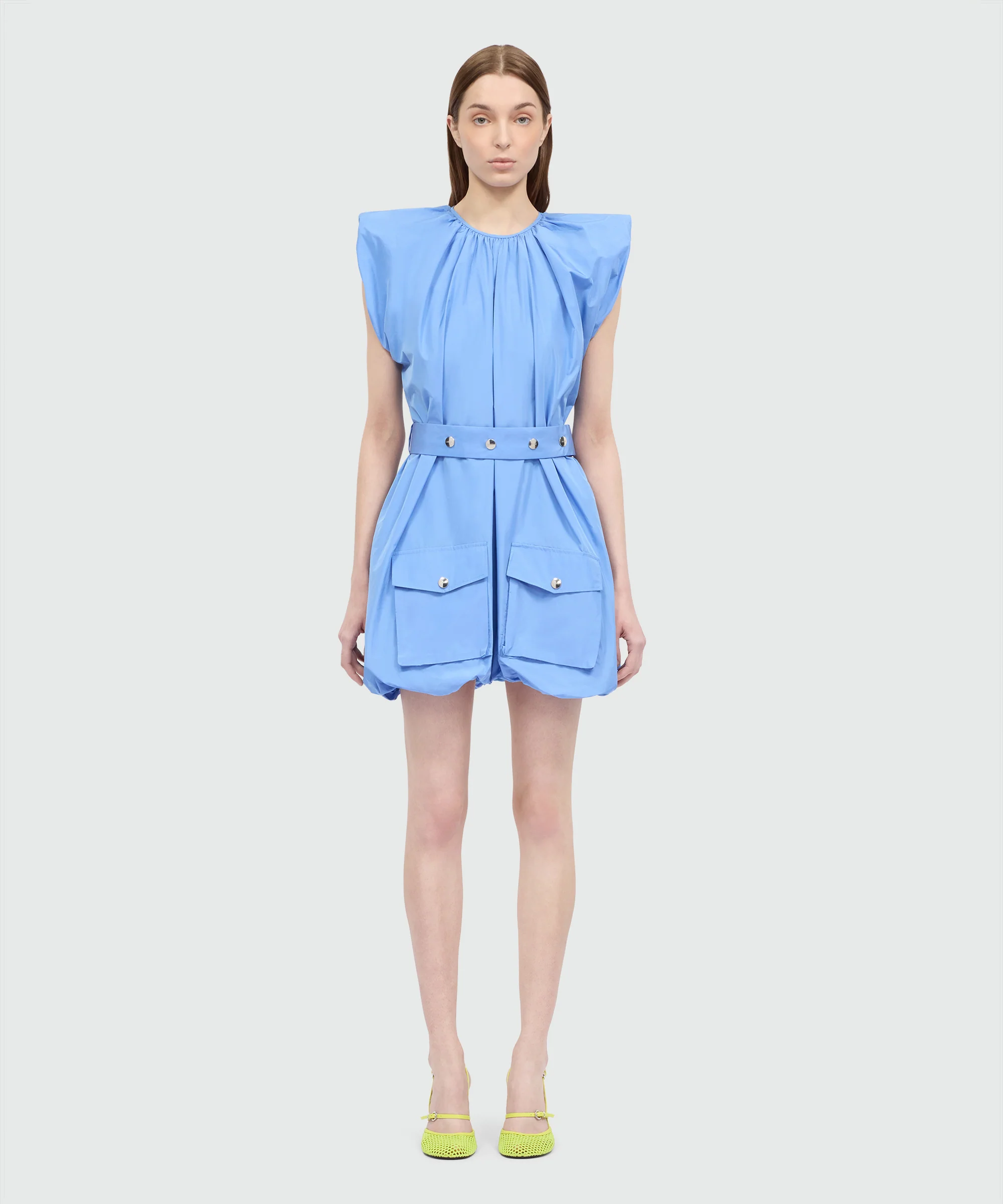 Light blue taffeta dress with straight shoulders and balloon skirt, belt detail with metal buttons - Image 2