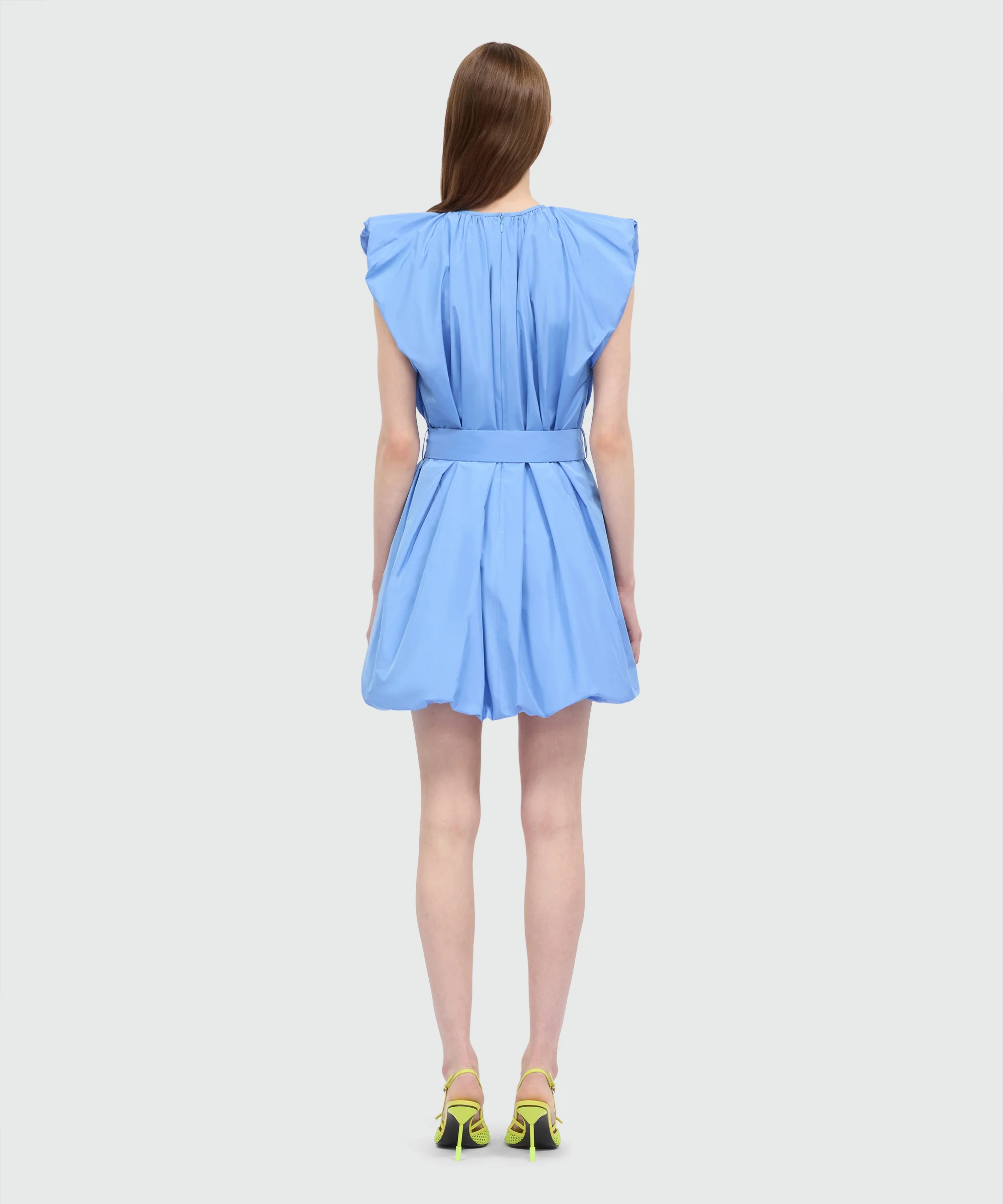 Light blue taffeta dress with straight shoulders and balloon skirt, belt detail with metal buttons - Image 3