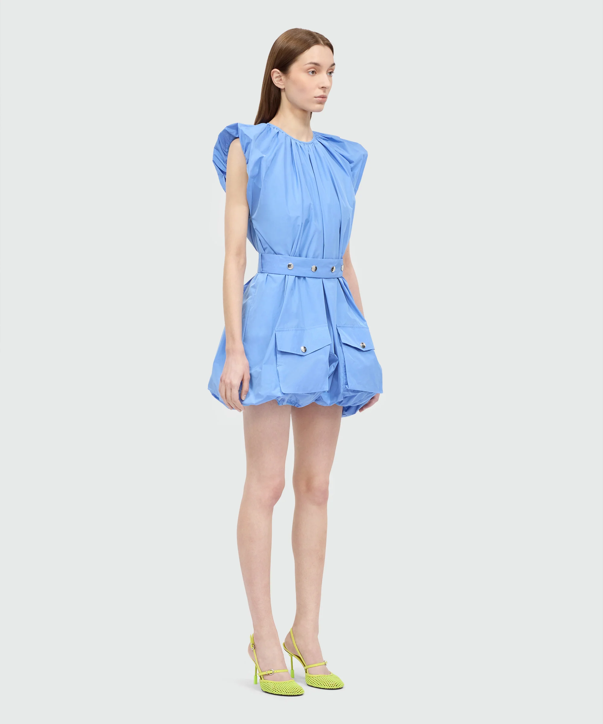 Light blue taffeta dress with straight shoulders and balloon skirt, belt detail with metal buttons - Image 4