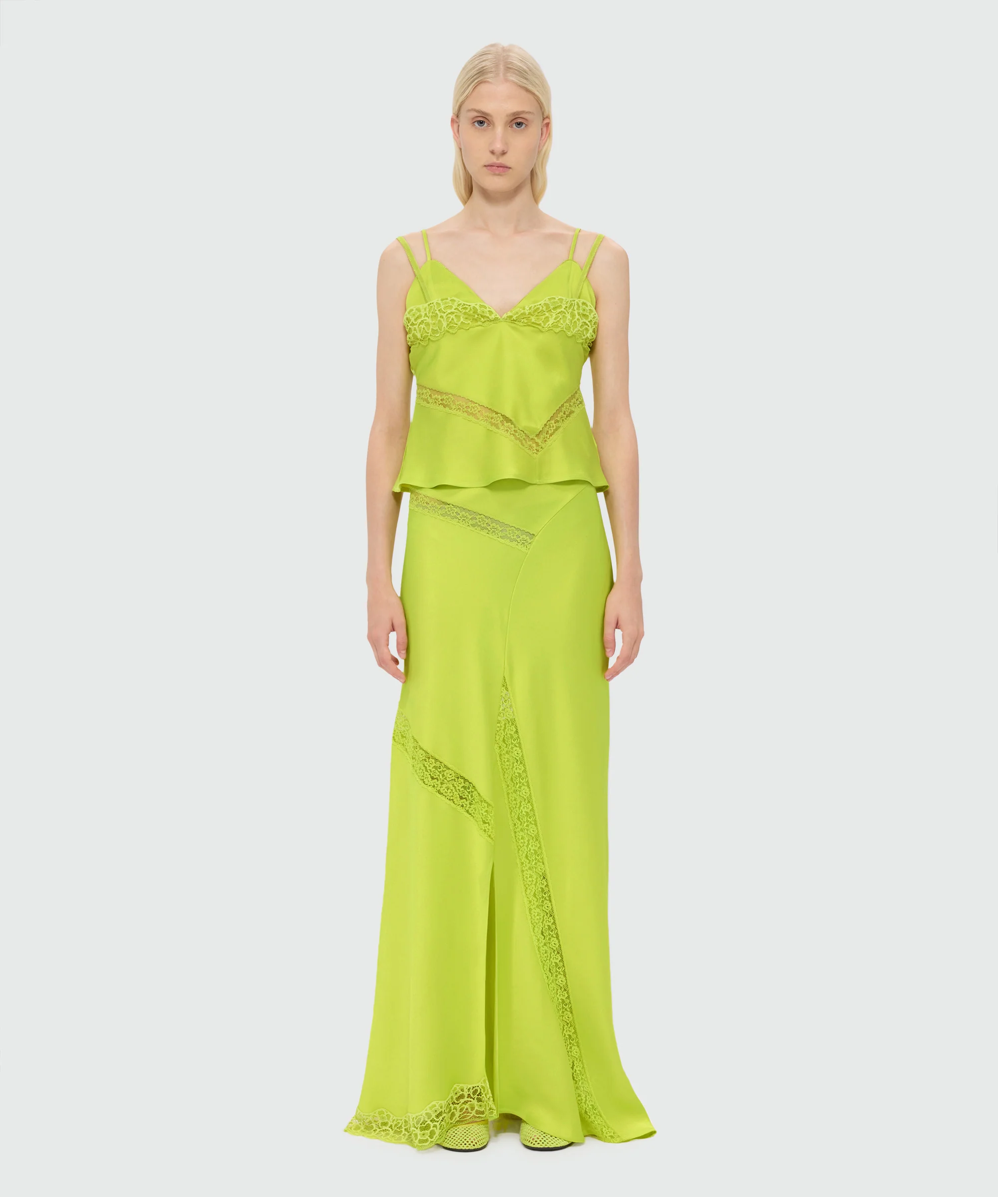 Lime long satin skirt with flared hem and lace inserts - Image 2