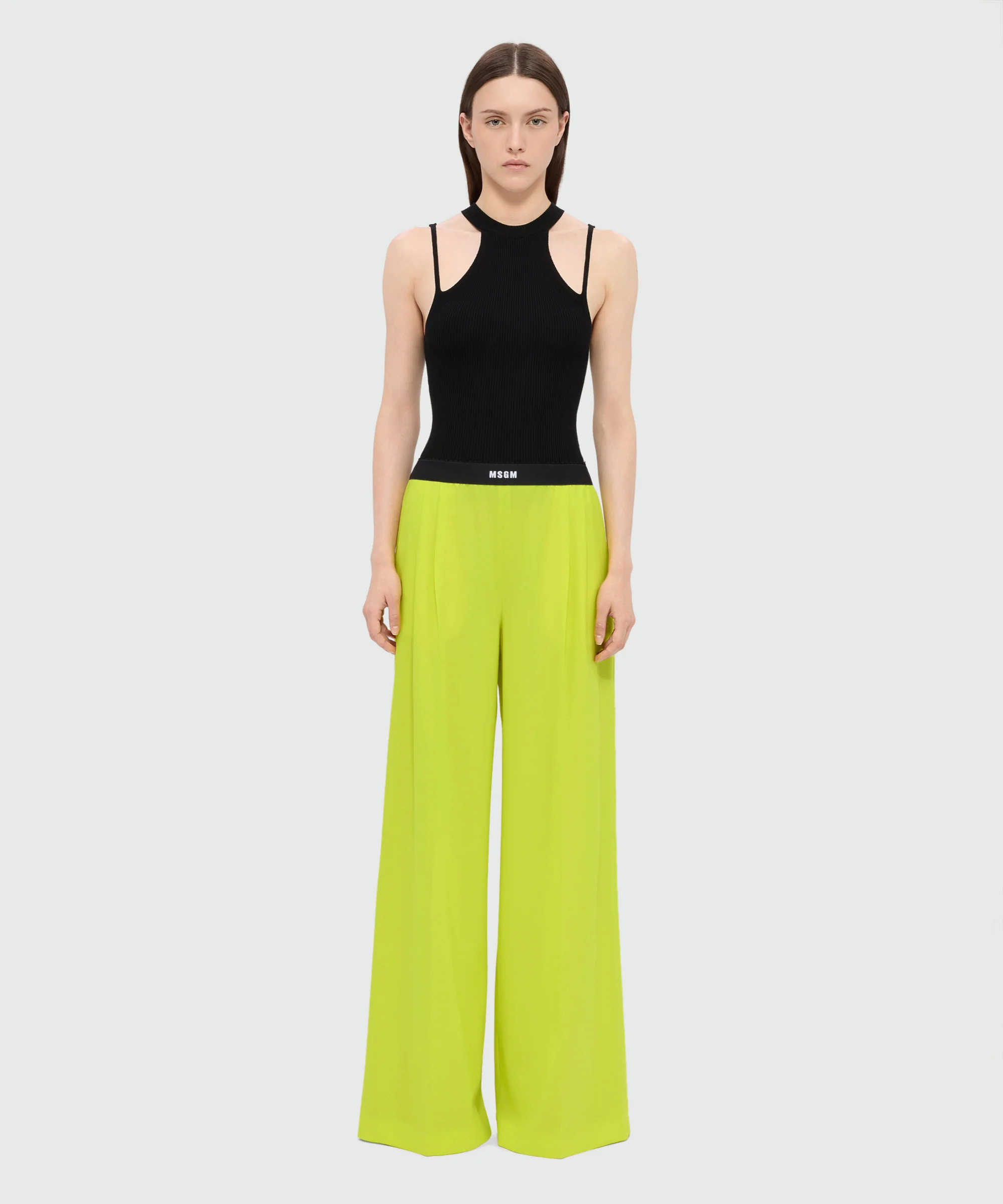 Lime palazzo trousers in lightweight wool with elasticated waistband and MSGM logo - Image 2