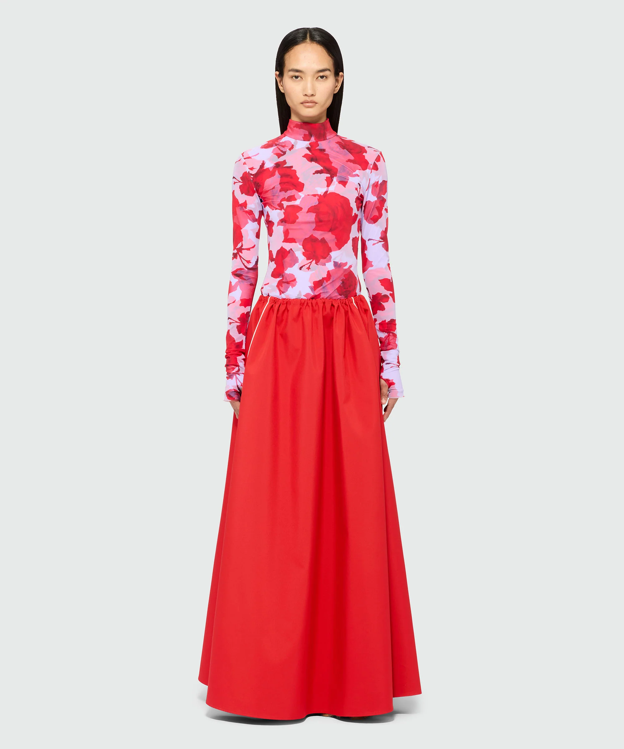 Long red nylon skirt with contrasting piping - Image 2