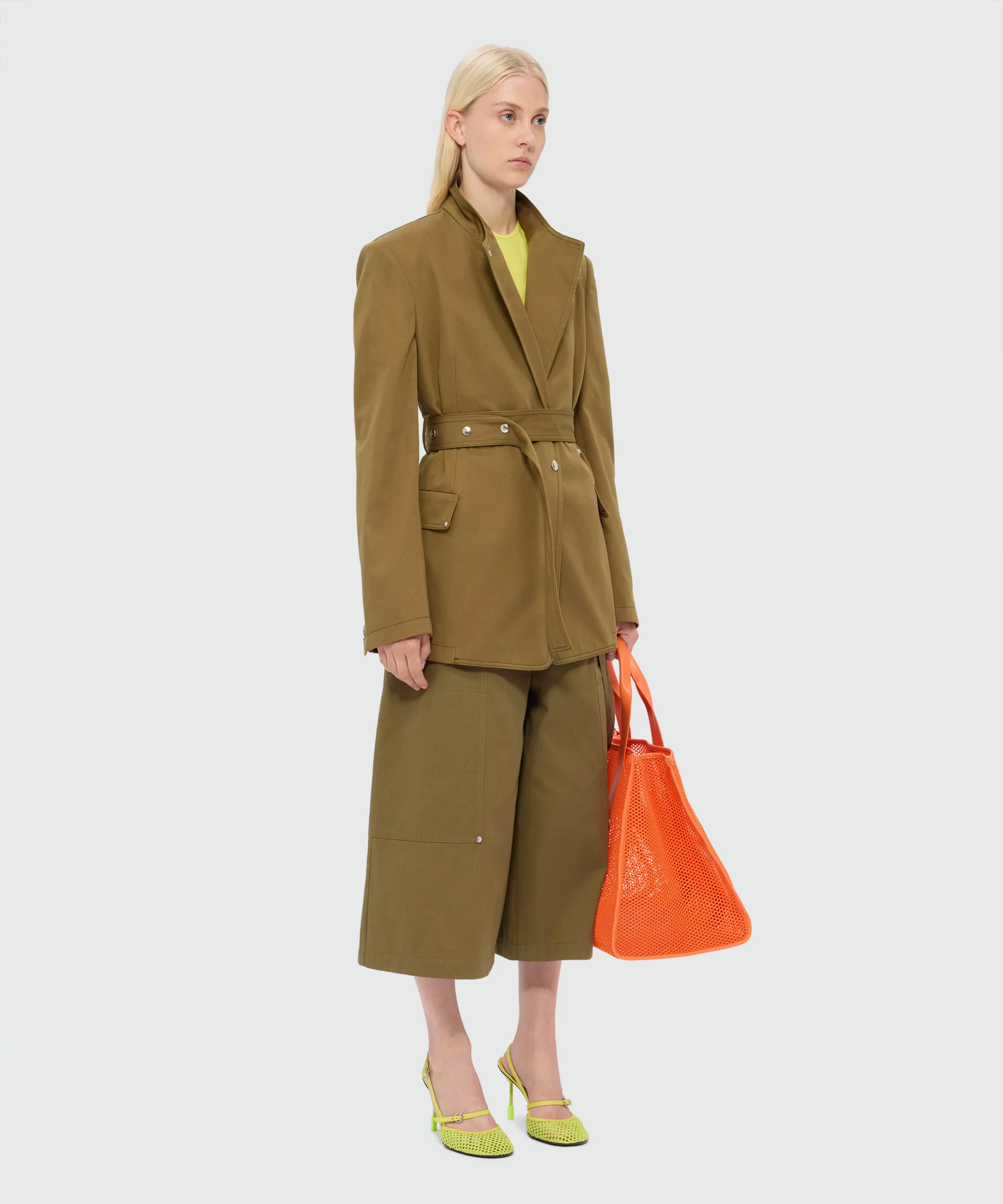 Military green cotton gabardine trousers with patch pockets and removable decorative belt - Image 4