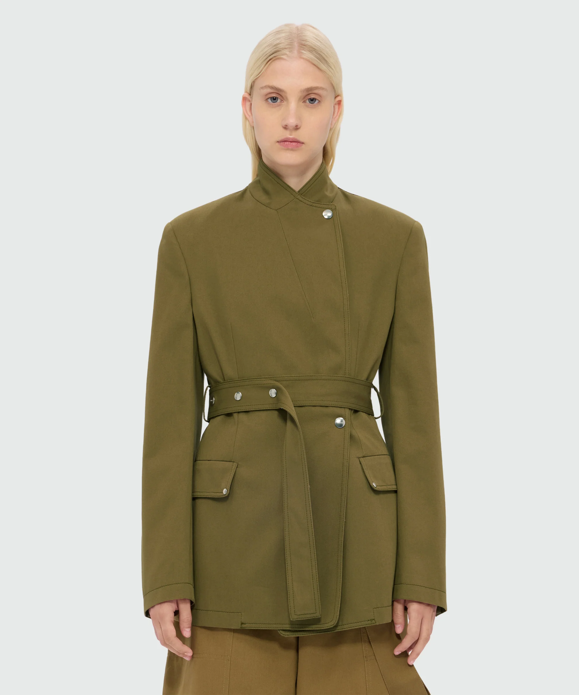 Military green double-breasted cotton gabardine jacket with belt and visible metal buttons - Image 2