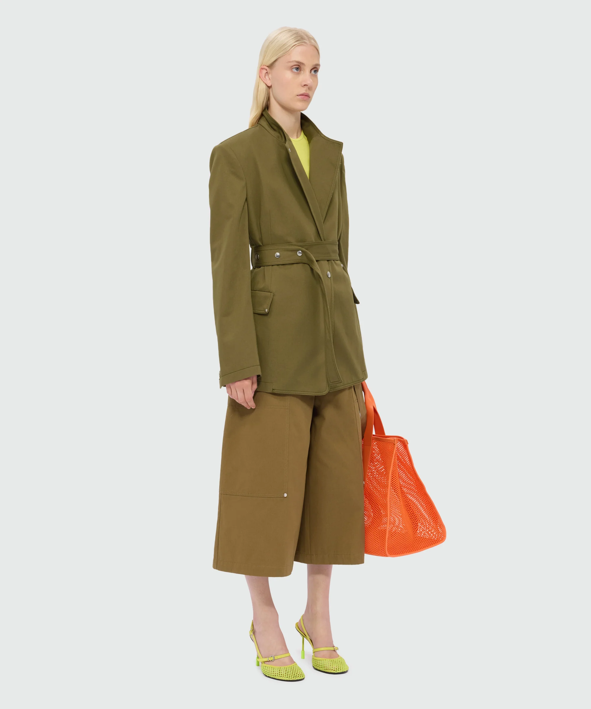Military green double-breasted cotton gabardine jacket with belt and visible metal buttons - Image 4