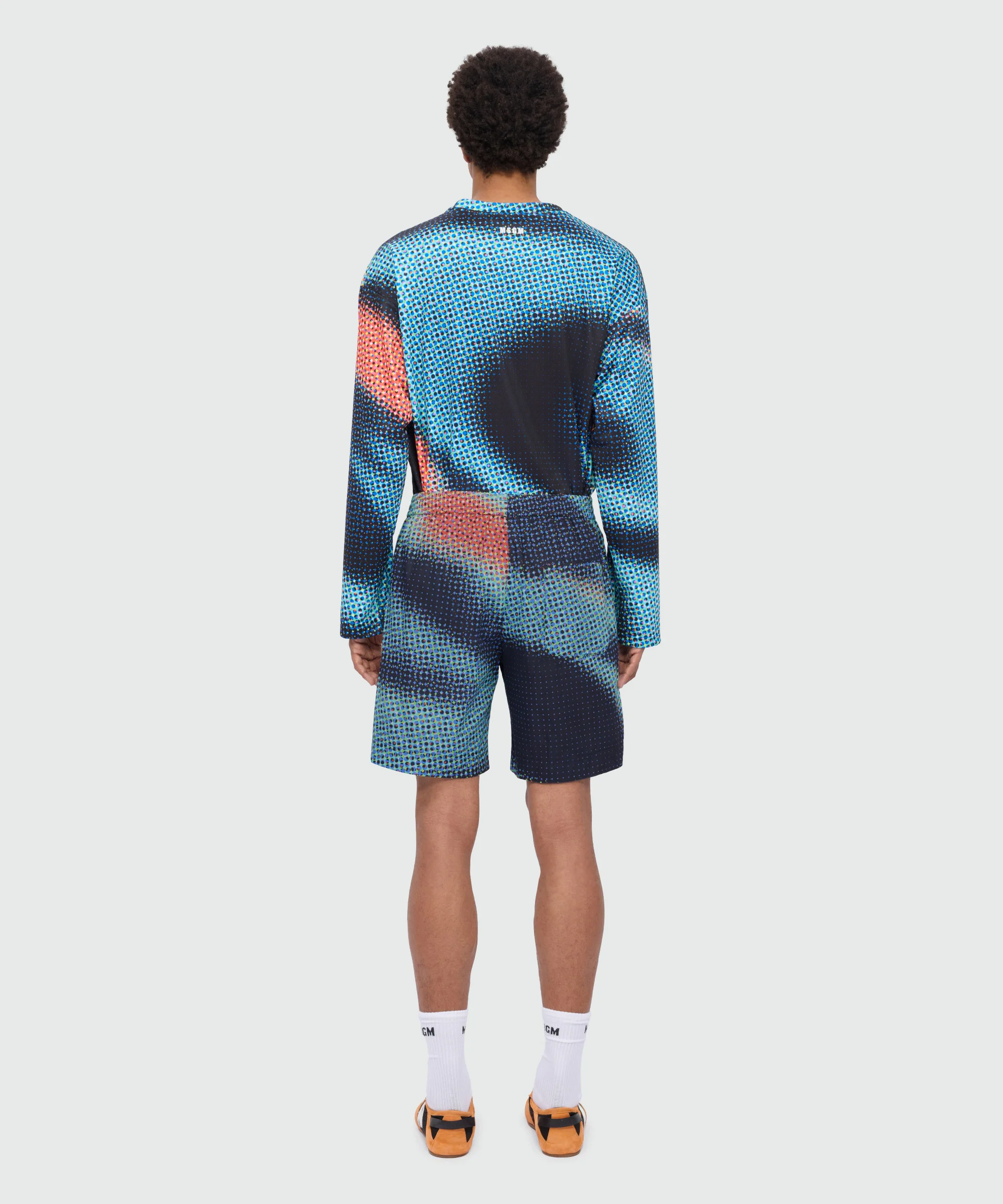 Multicolor cotton Bermuda shorts with pixel print and embroidery at the hem - Image 3