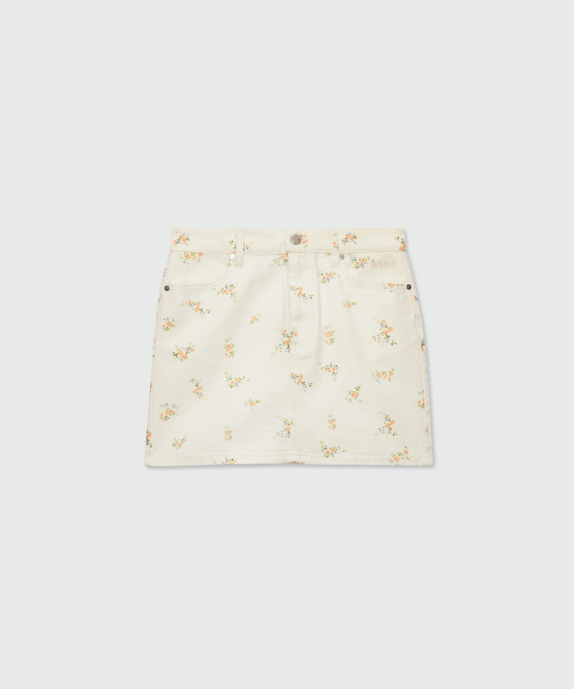 Off-white cotton canvas mini skirt with floral print
