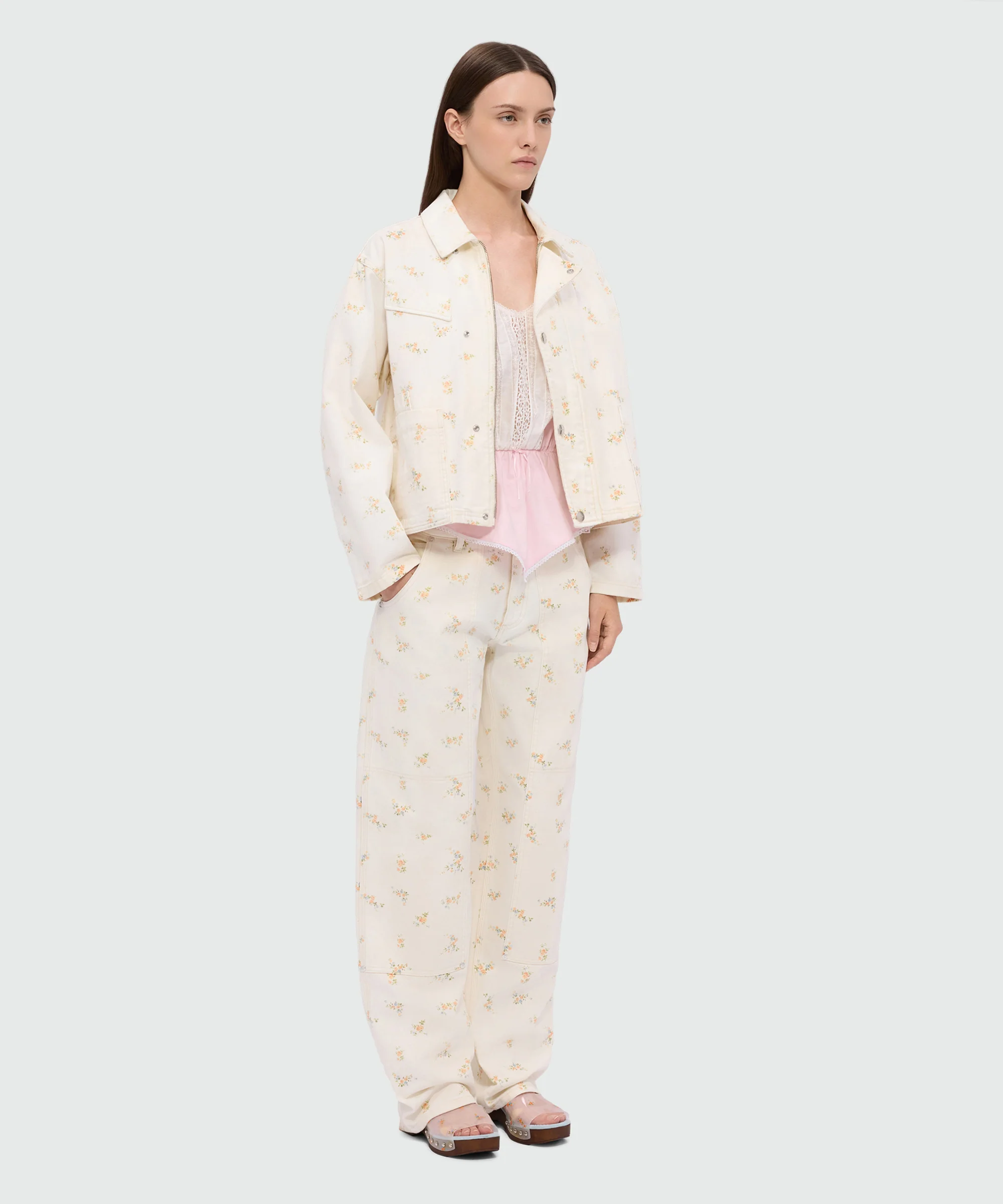 Off-white cotton canvas trousers with floral print - Image 4
