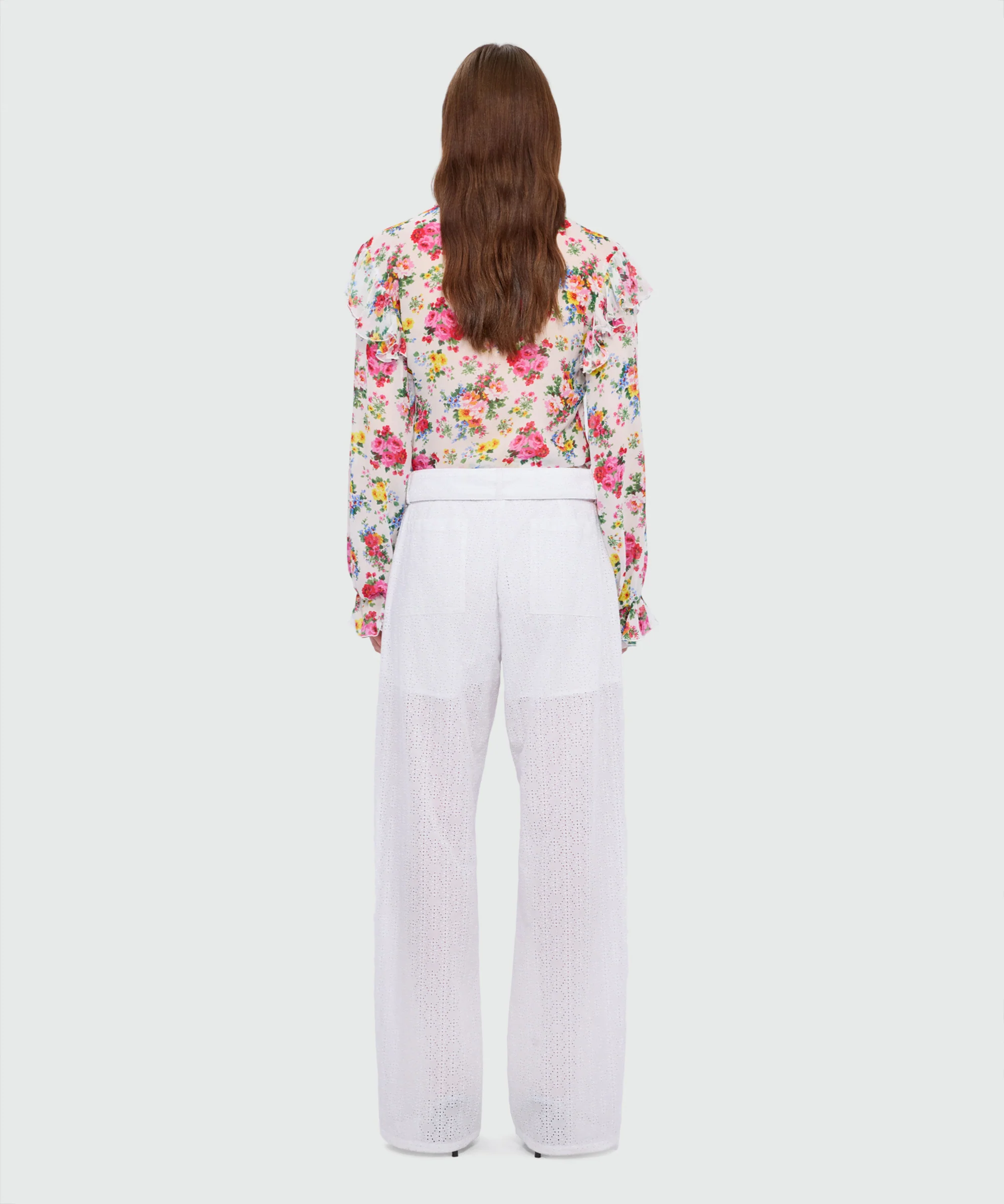 Off-white poplin wide-leg trousers with Sangallo embroidery and maxi front patch pockets - Image 3