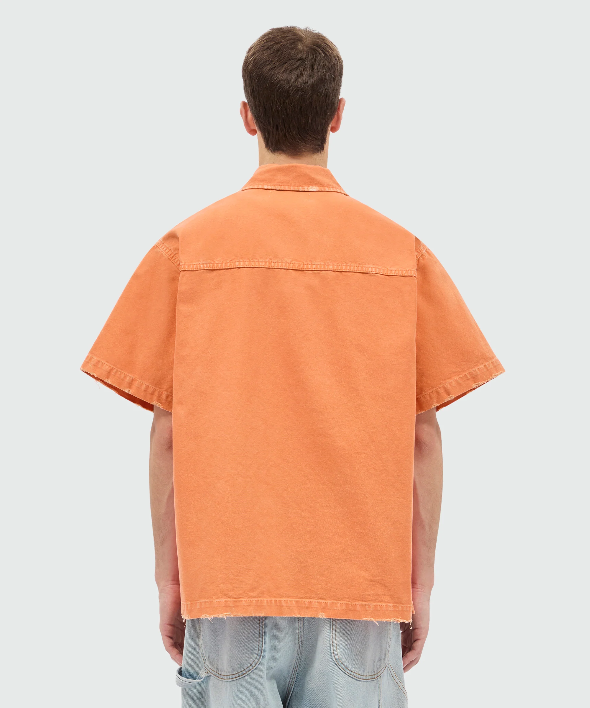 Orange cotton canvas short-sleeve shirt with enzyme wash - Image 3