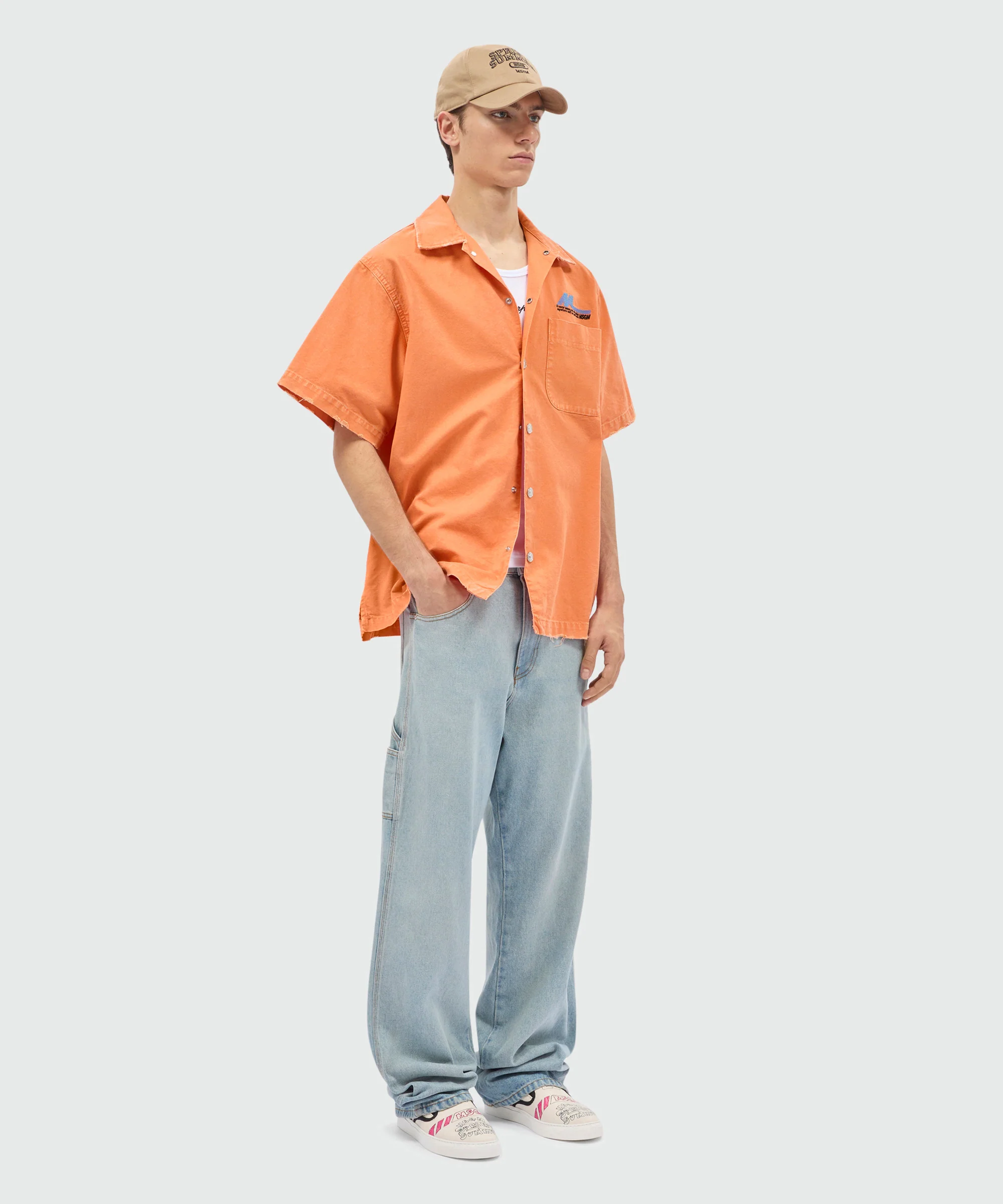 Orange cotton canvas short-sleeve shirt with enzyme wash - Image 4