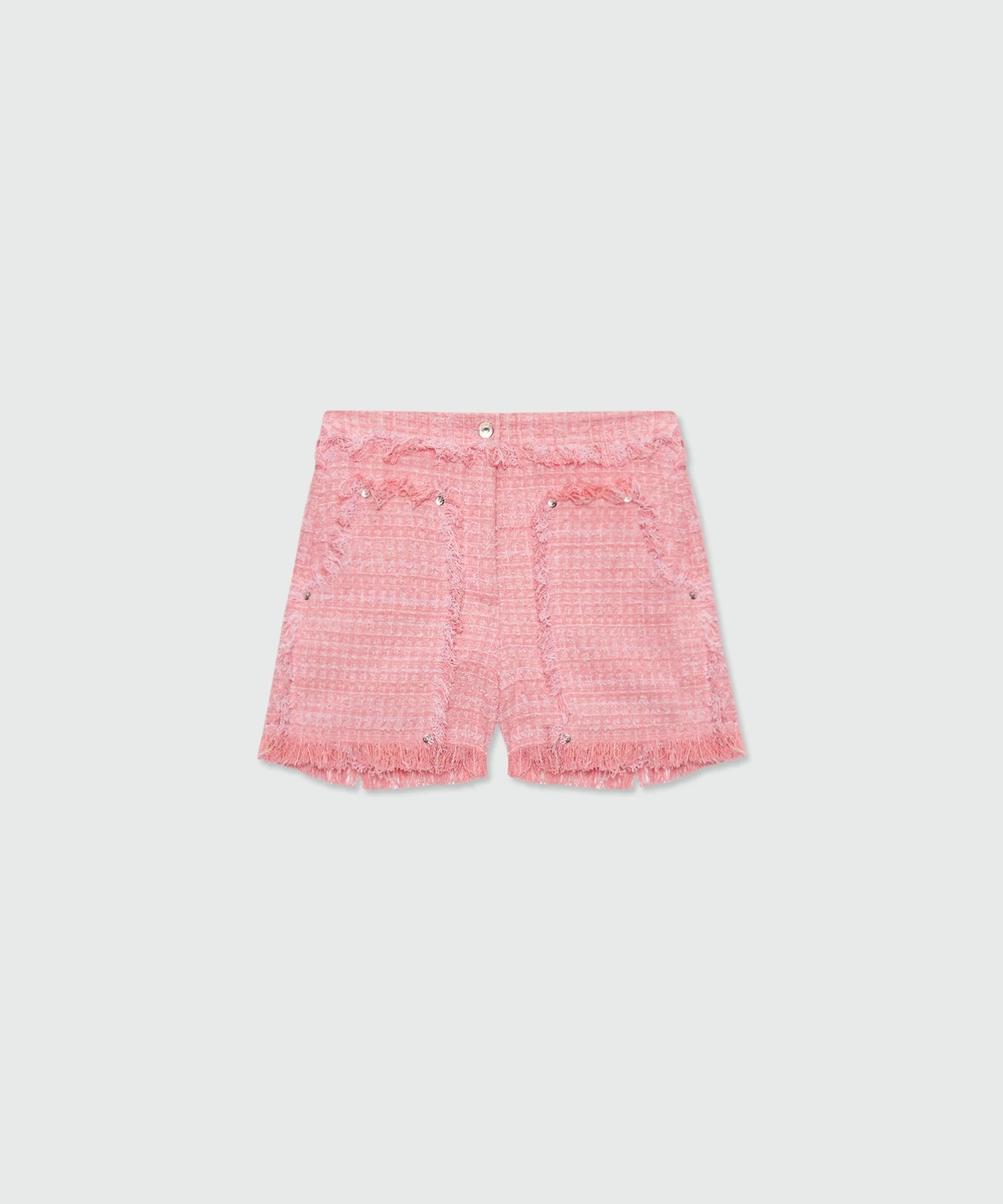 Pink boucle tweed-effect Bermuda shorts with metal waist button