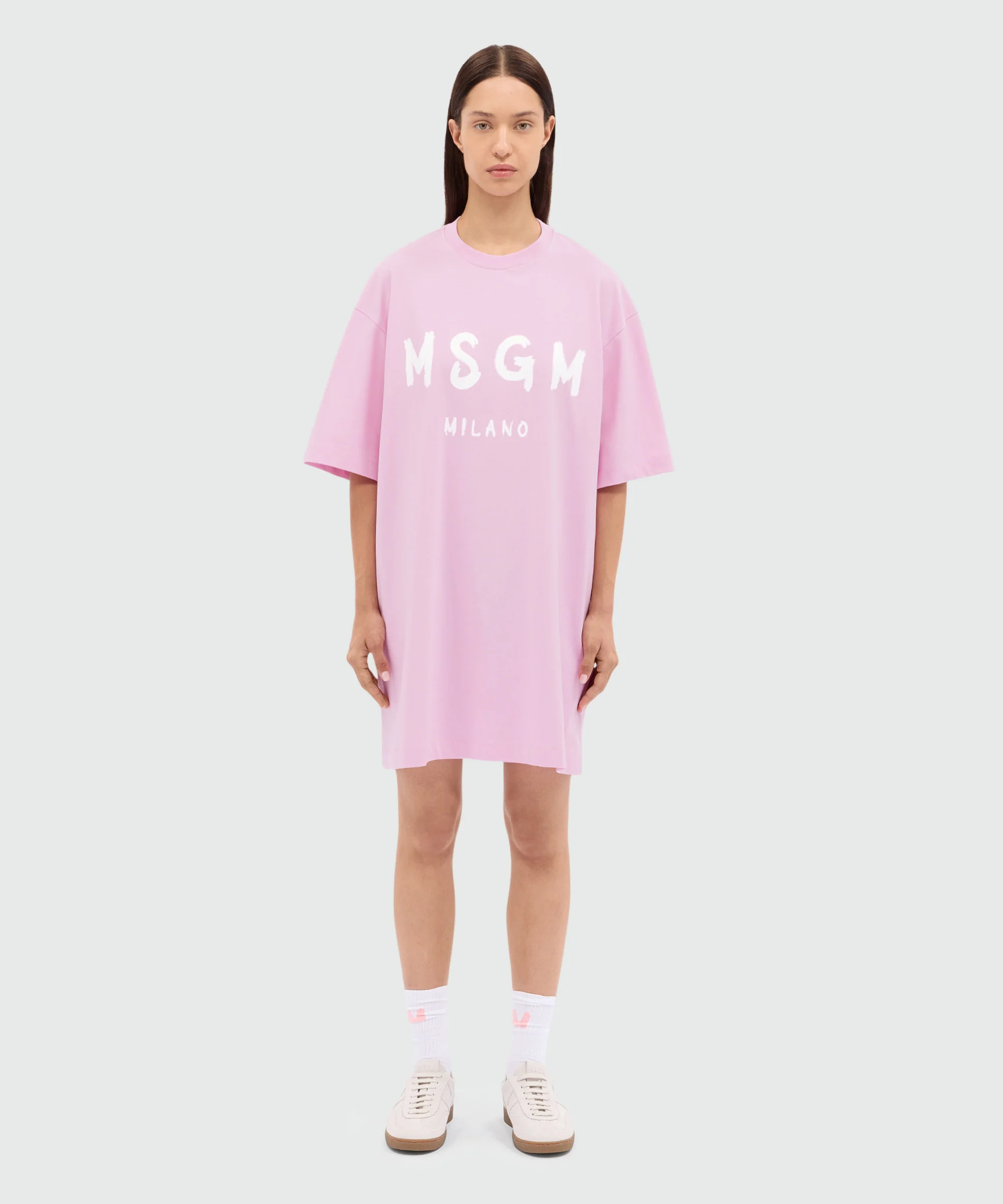 Pink jersey t-shirt dress with MSGM brushstroke logo - Image 2