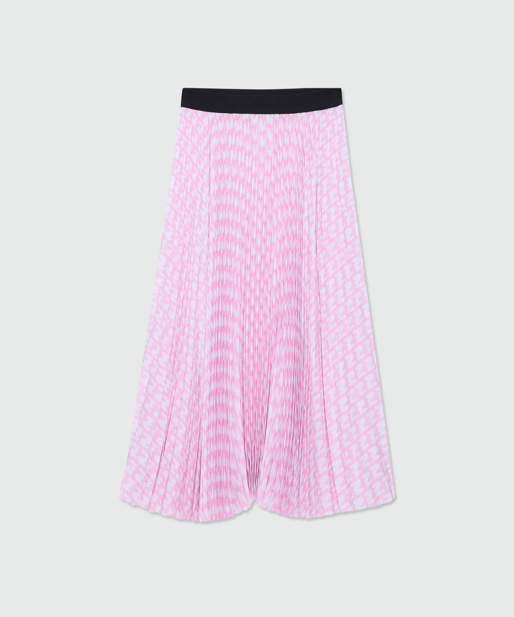Pink pleated soleil skirt with all-over MWAVE logo print